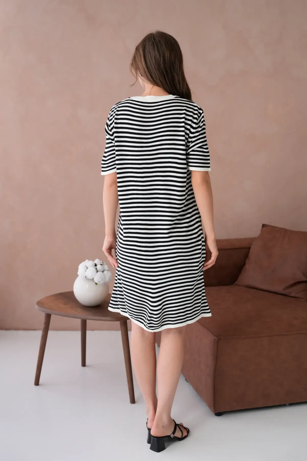 10173 Kadın Bisiklet Yaka Nakış Detay Çizgil Triko Elbise