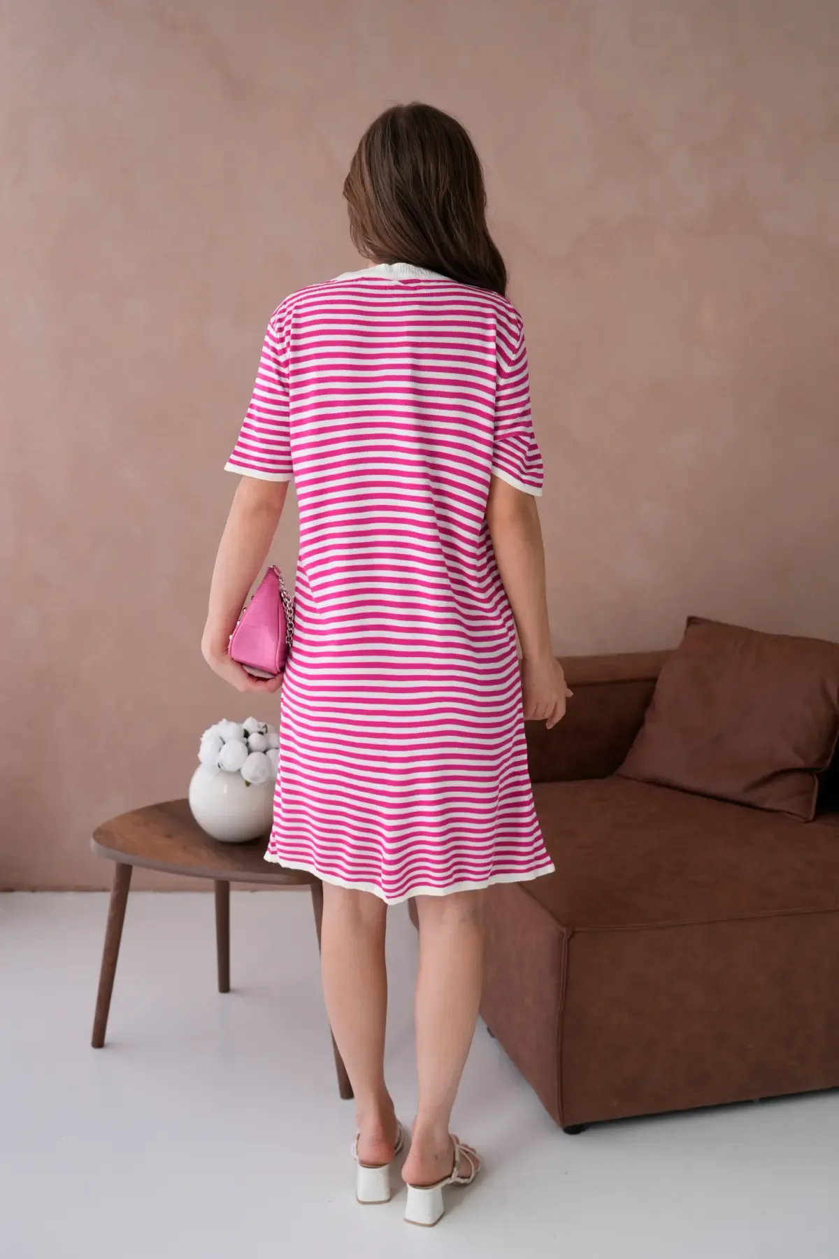 10173 Kadın Bisiklet Yaka Nakış Detay Çizgil Triko Elbise