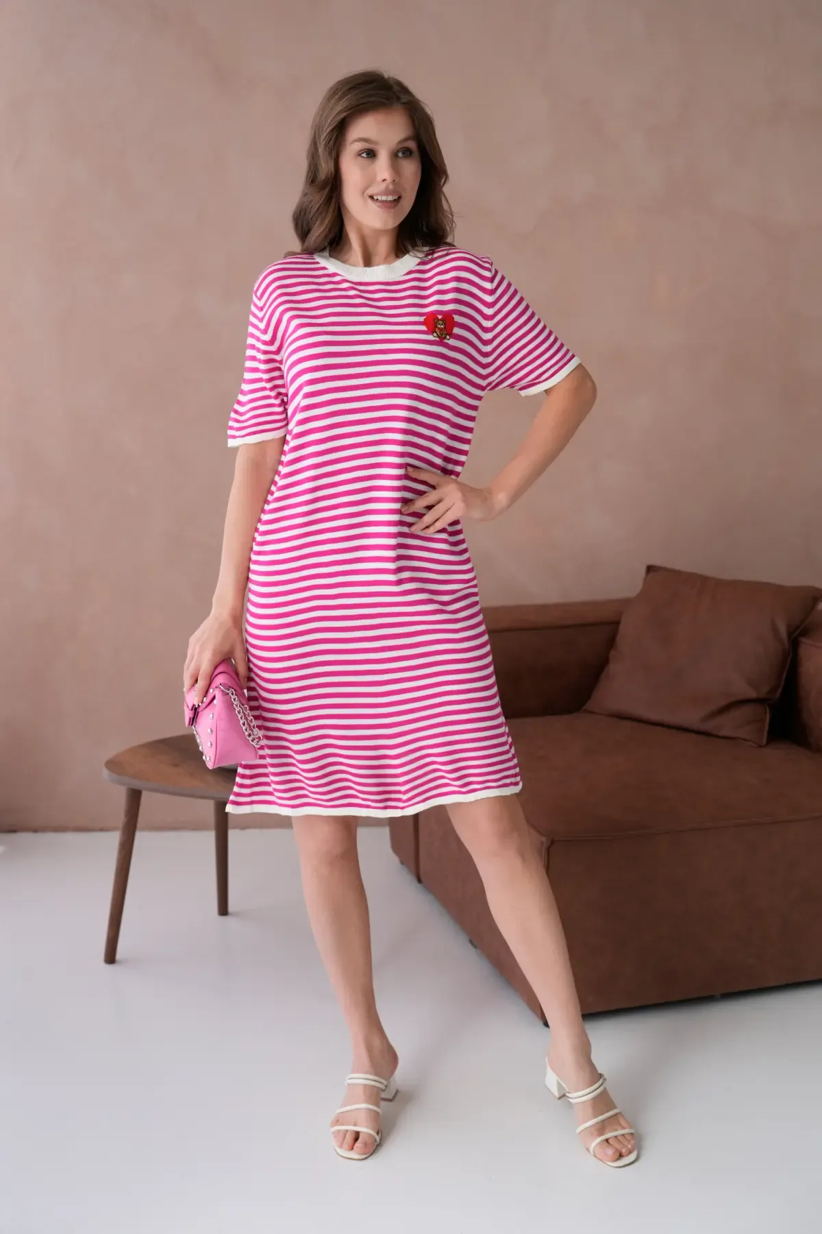 10173 Kadın Bisiklet Yaka Nakış Detay Çizgil Triko Elbise