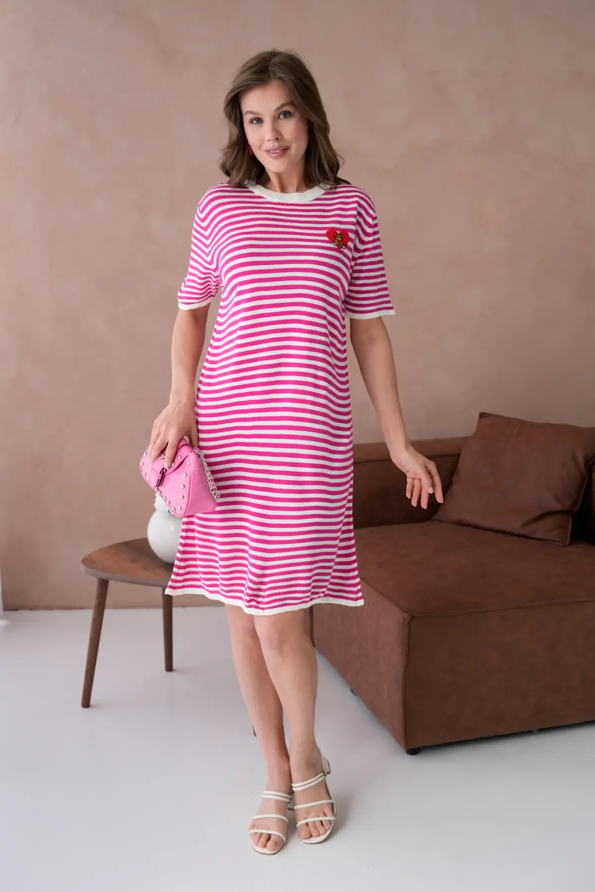 10173 Kadın Bisiklet Yaka Nakış Detay Çizgil Triko Elbise