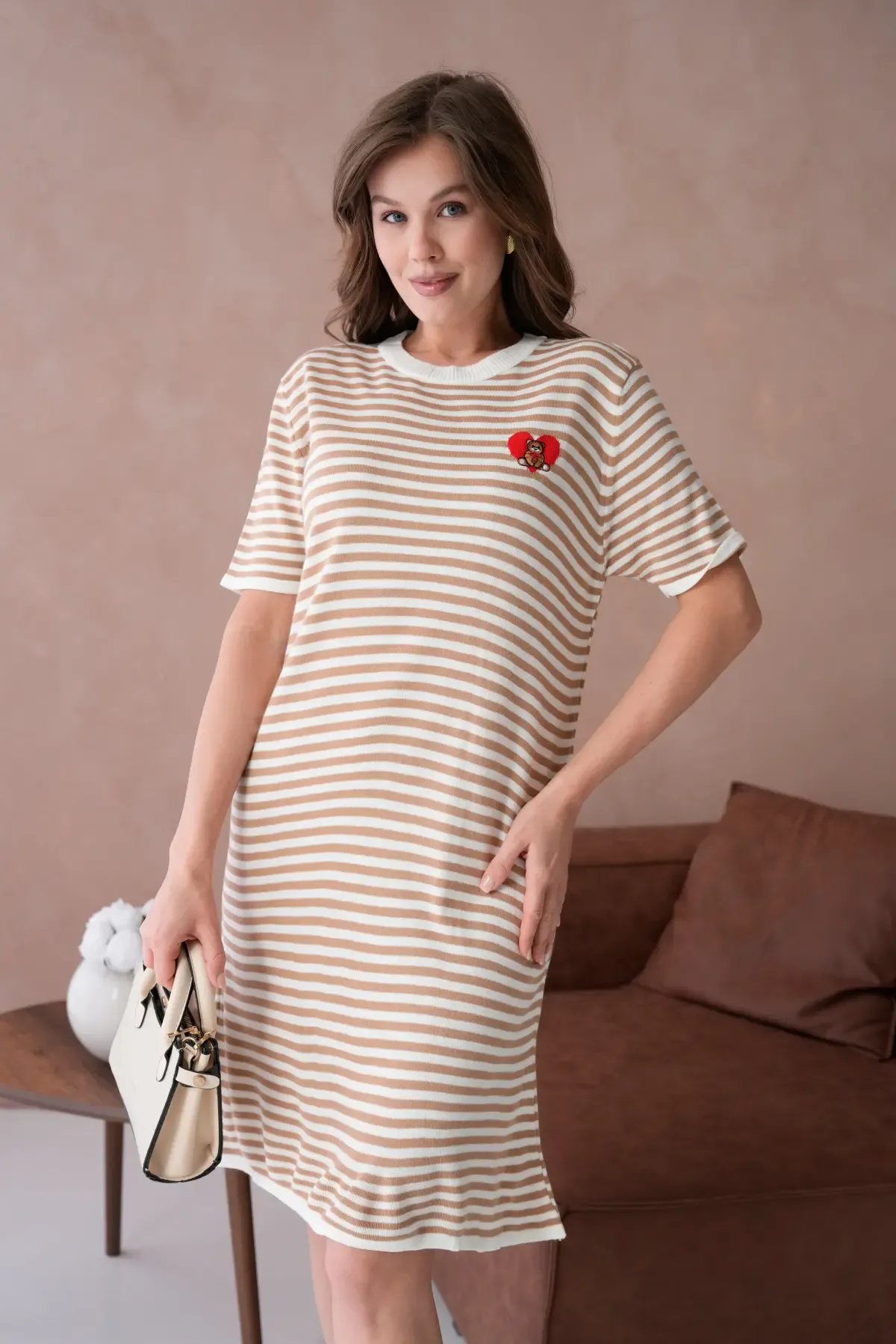 10173 Kadın Bisiklet Yaka Nakış Detay Çizgil Triko Elbise