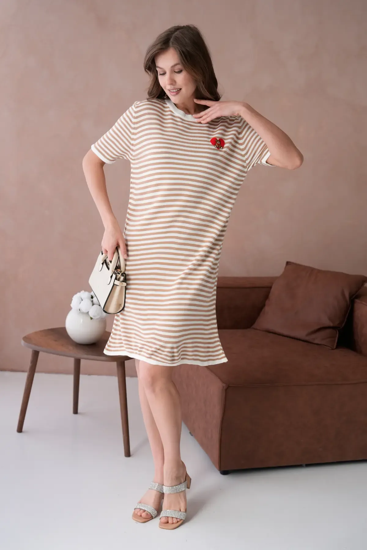 10173 Kadın Bisiklet Yaka Nakış Detay Çizgil Triko Elbise