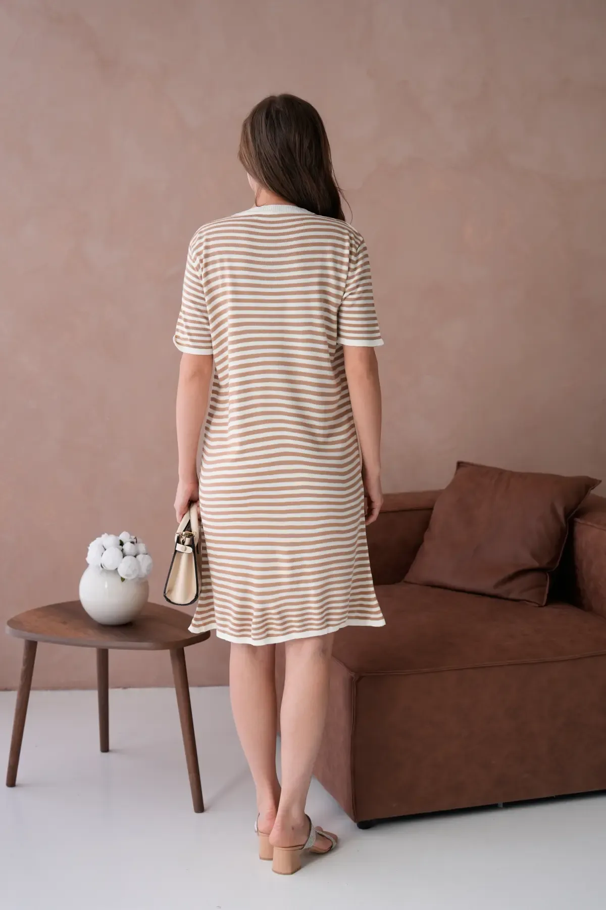 10173 Kadın Bisiklet Yaka Nakış Detay Çizgil Triko Elbise