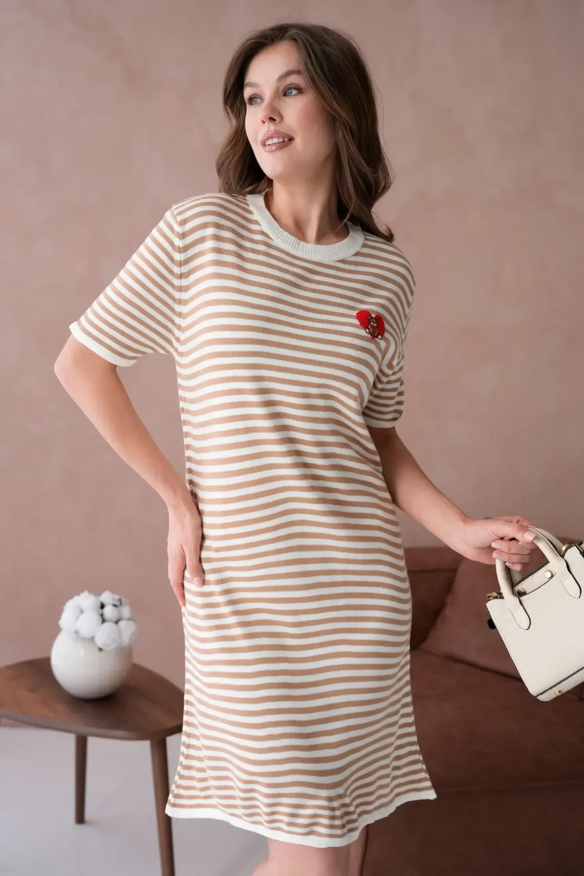 10173 Kadın Bisiklet Yaka Nakış Detay Çizgil Triko Elbise