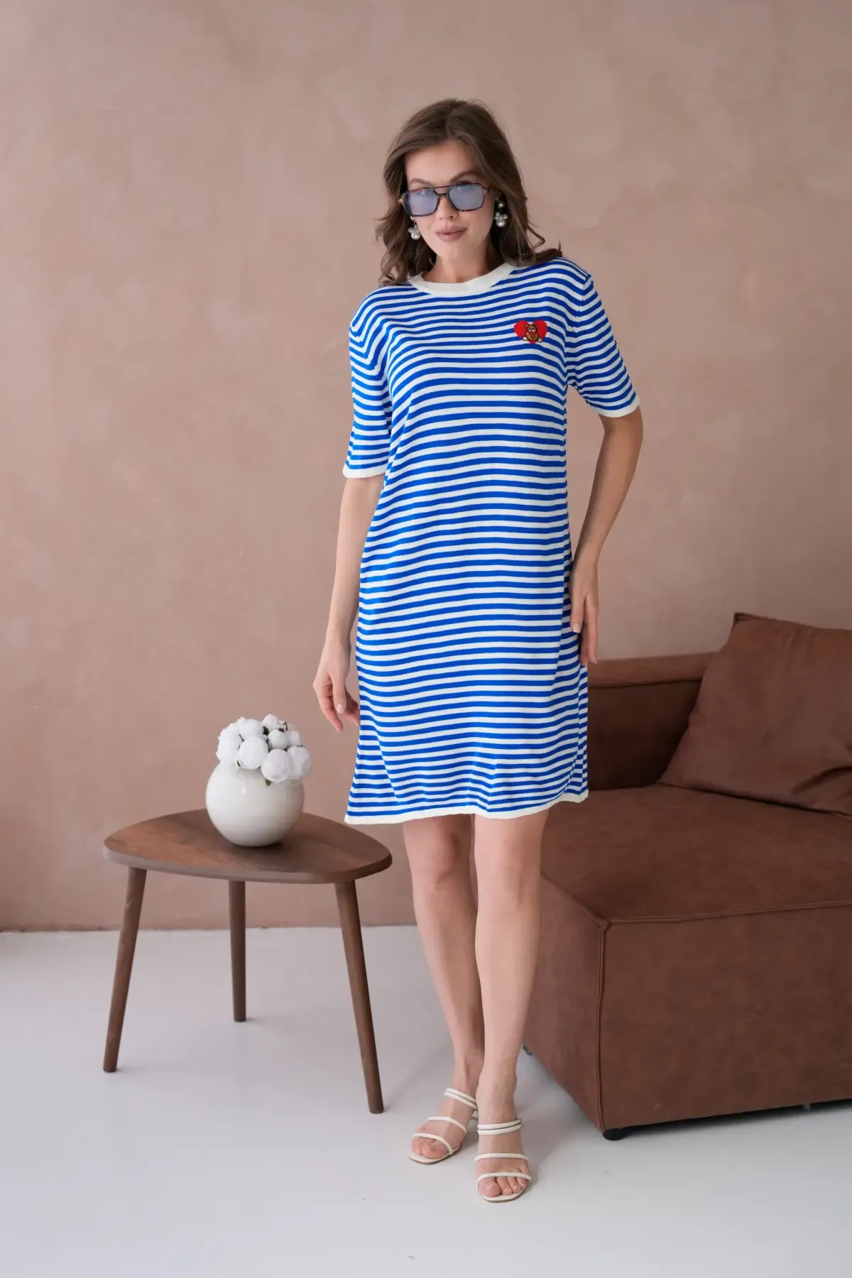 10173 Kadın Bisiklet Yaka Nakış Detay Çizgil Triko Elbise