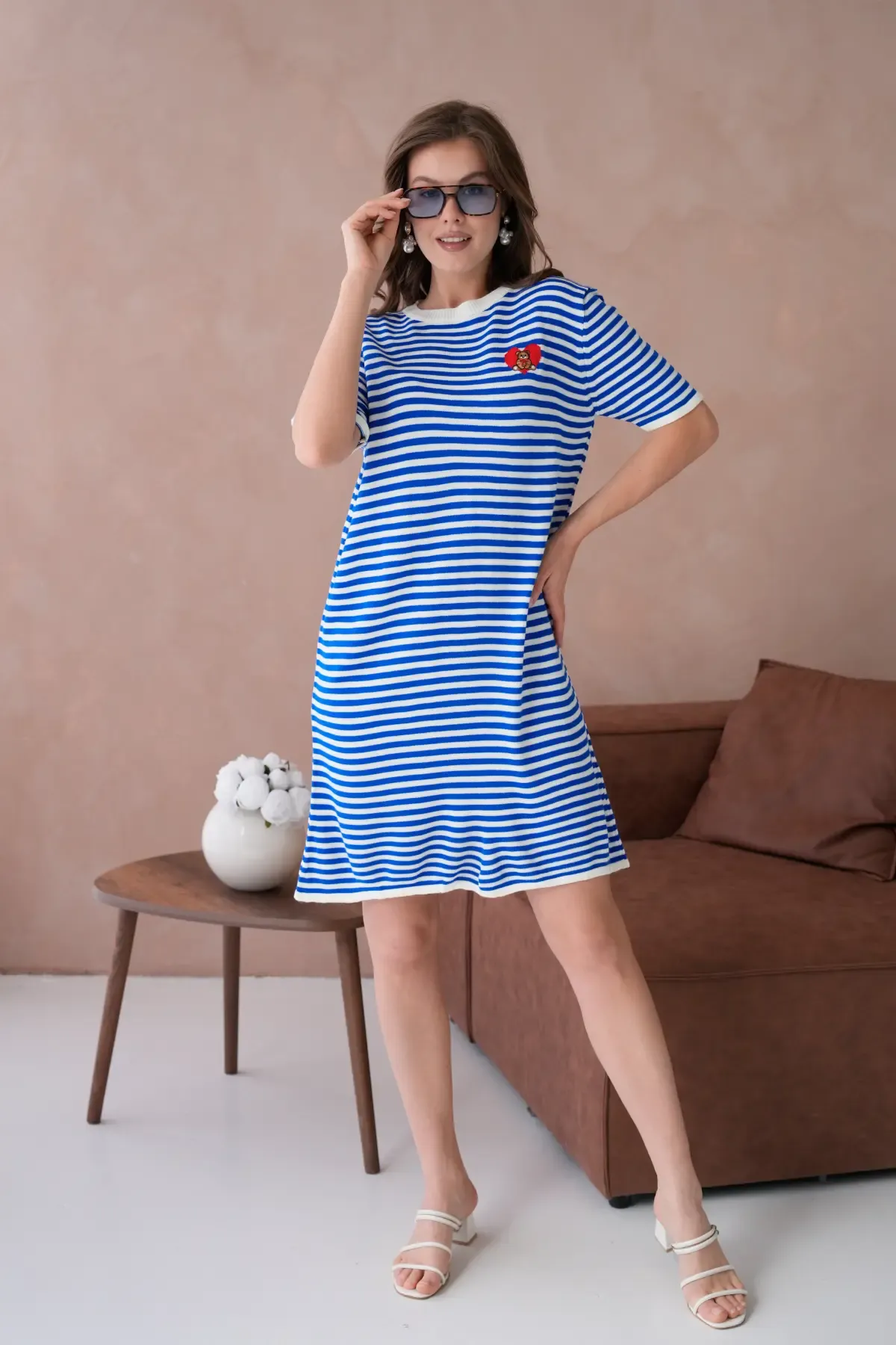 10173 Kadın Bisiklet Yaka Nakış Detay Çizgil Triko Elbise