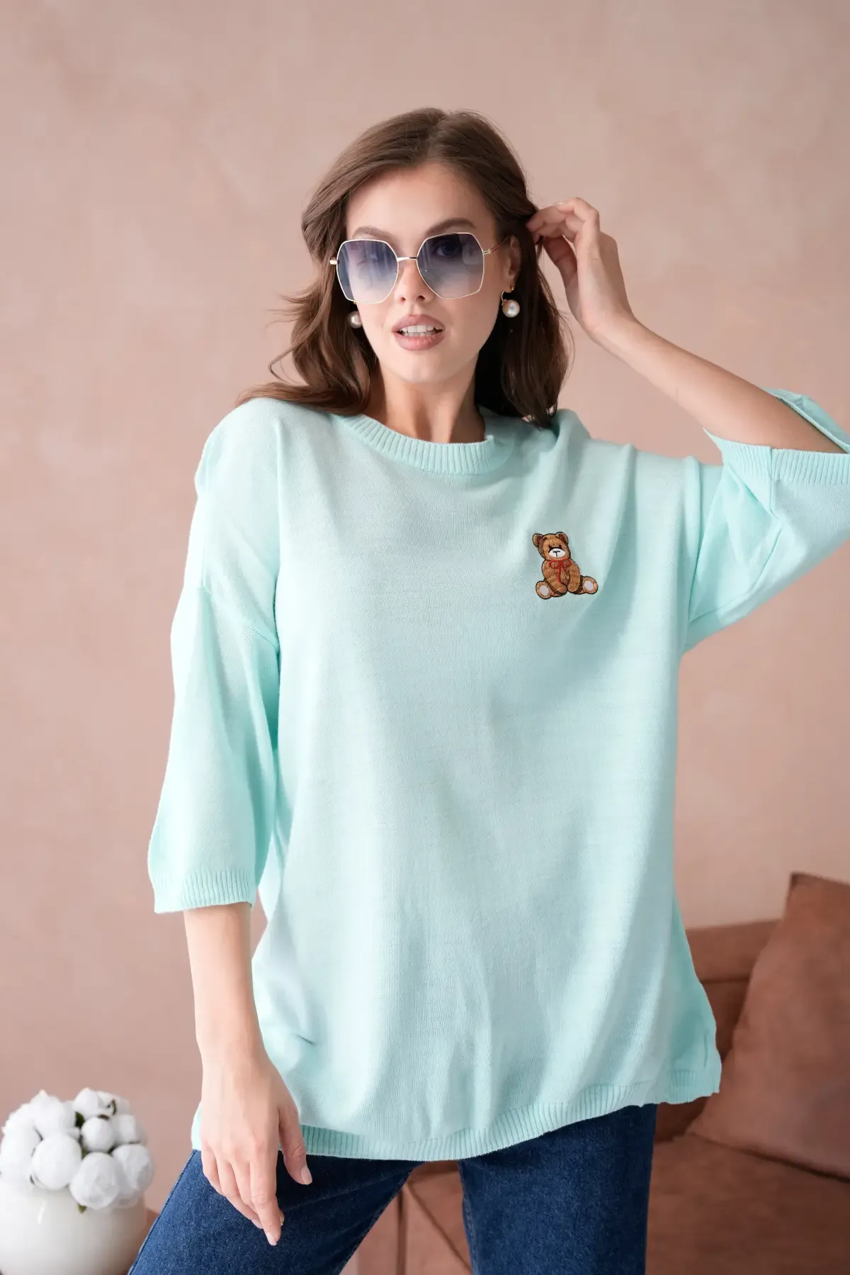 10729 Kadın Bisiklet Yaka Nakış Detay Oversize Trko Kazak