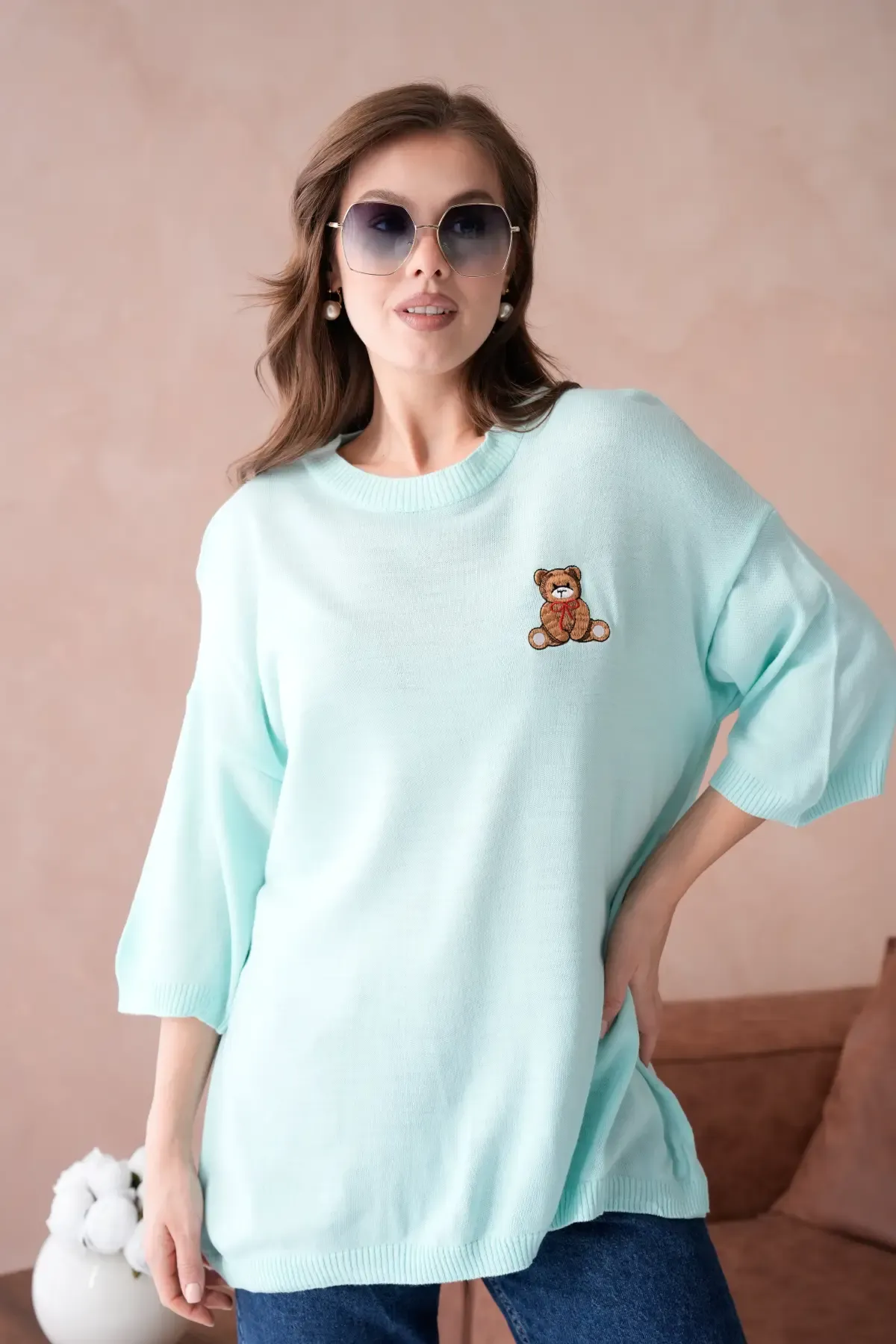 10729 Kadın Bisiklet Yaka Nakış Detay Oversize Trko Kazak