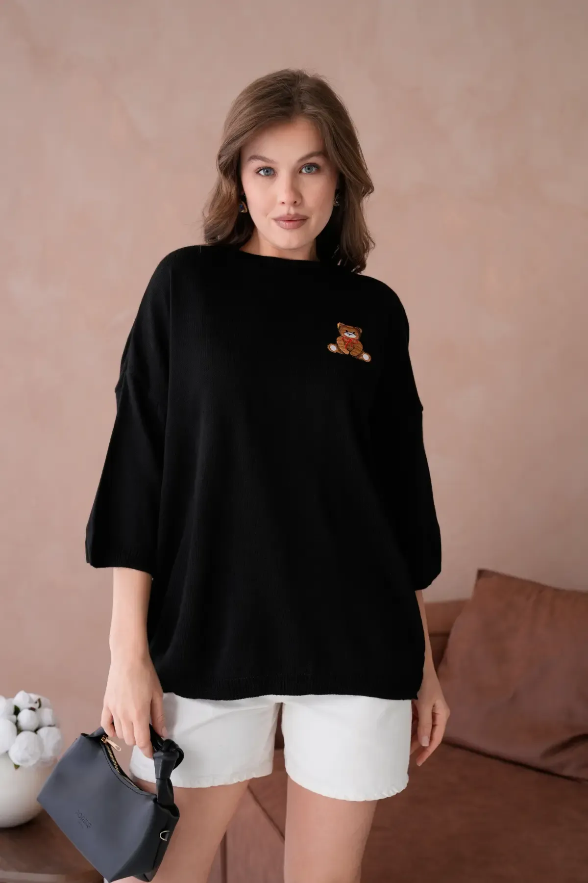 10729 Kadın Bisiklet Yaka Nakış Detay Oversize Trko Kazak