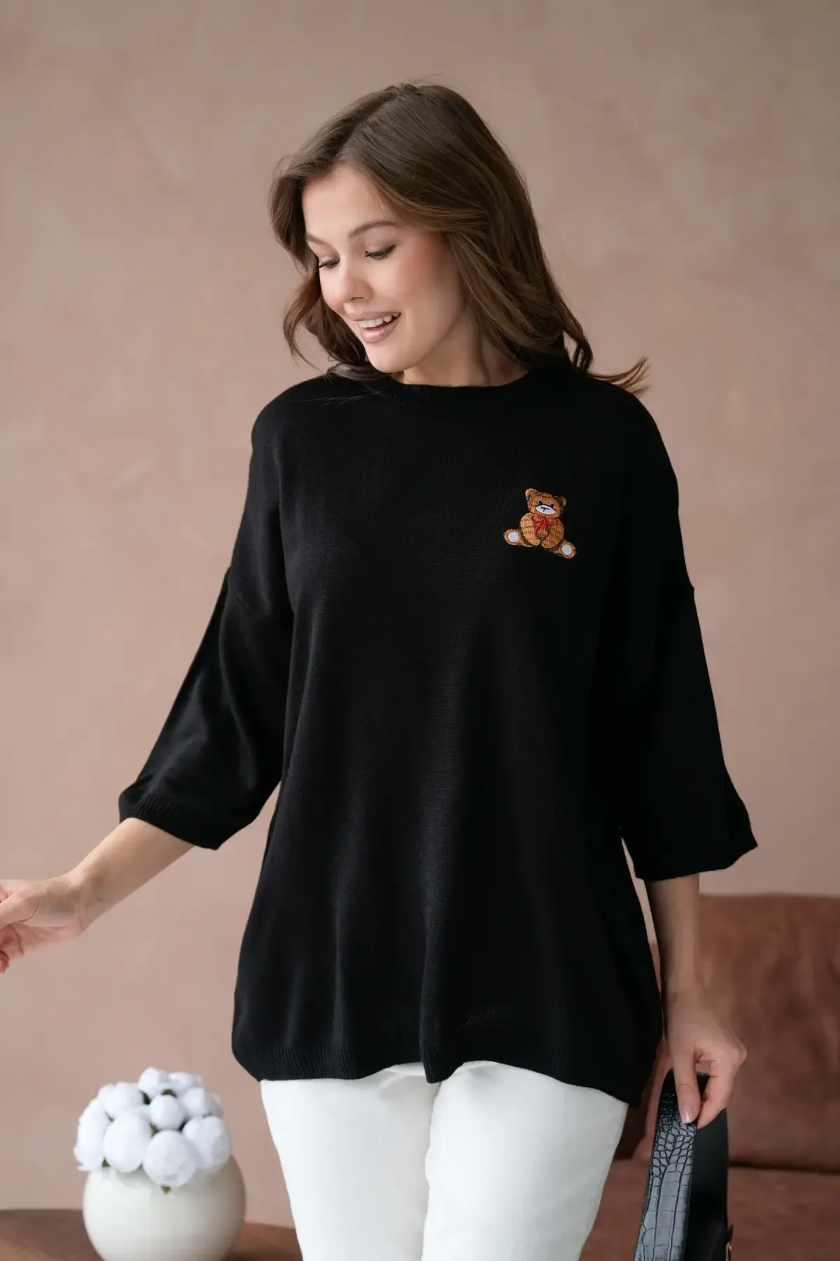 10729 Kadın Bisiklet Yaka Nakış Detay Oversize Trko Kazak