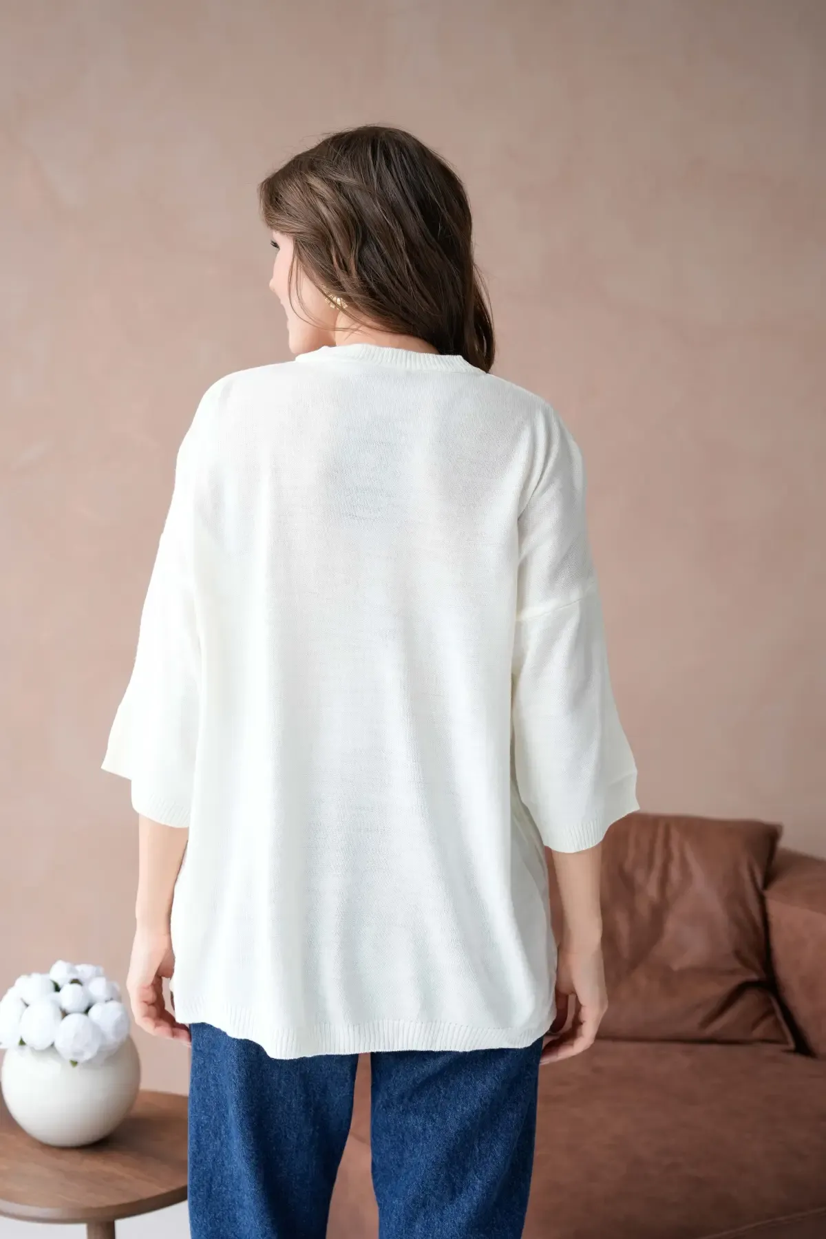 10729 Kadın Bisiklet Yaka Nakış Detay Oversize Trko Kazak