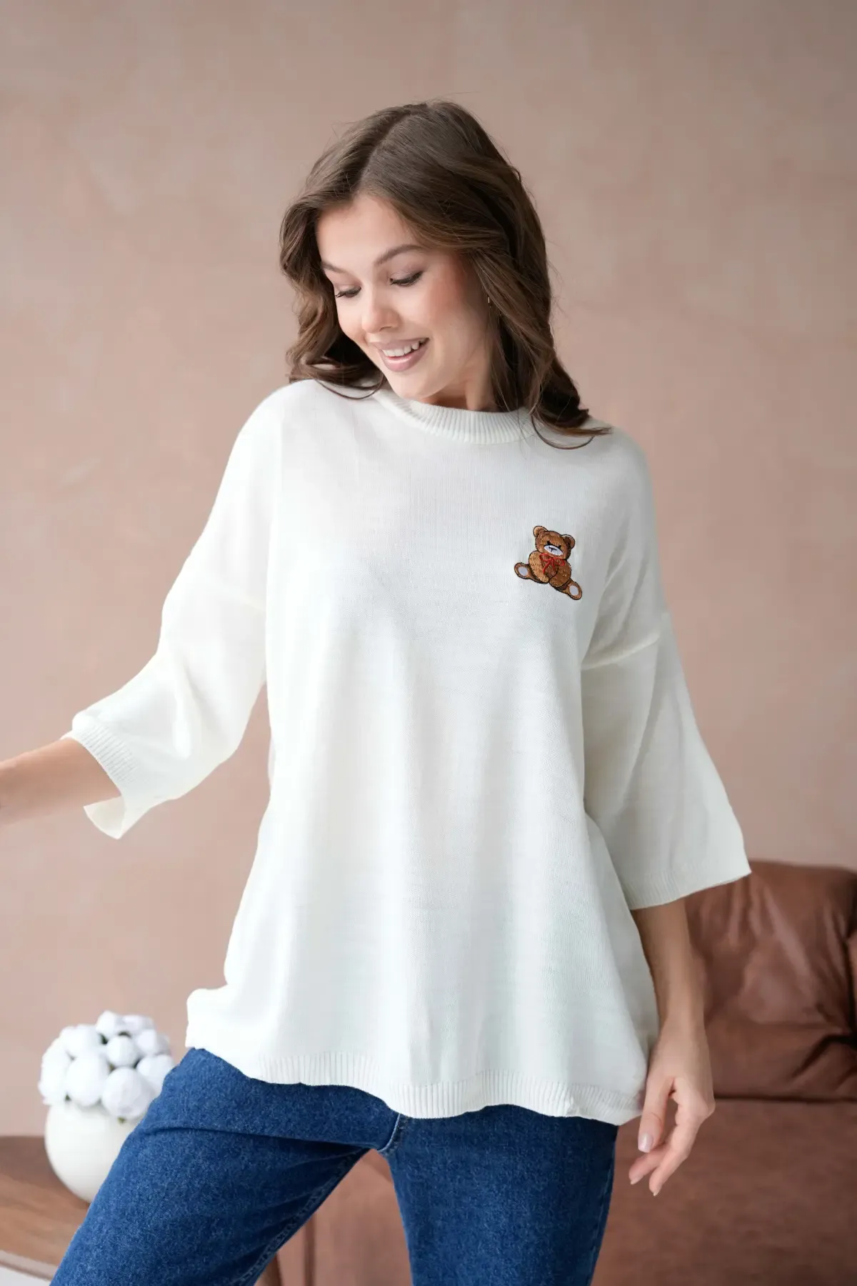 10729 Kadın Bisiklet Yaka Nakış Detay Oversize Trko Kazak