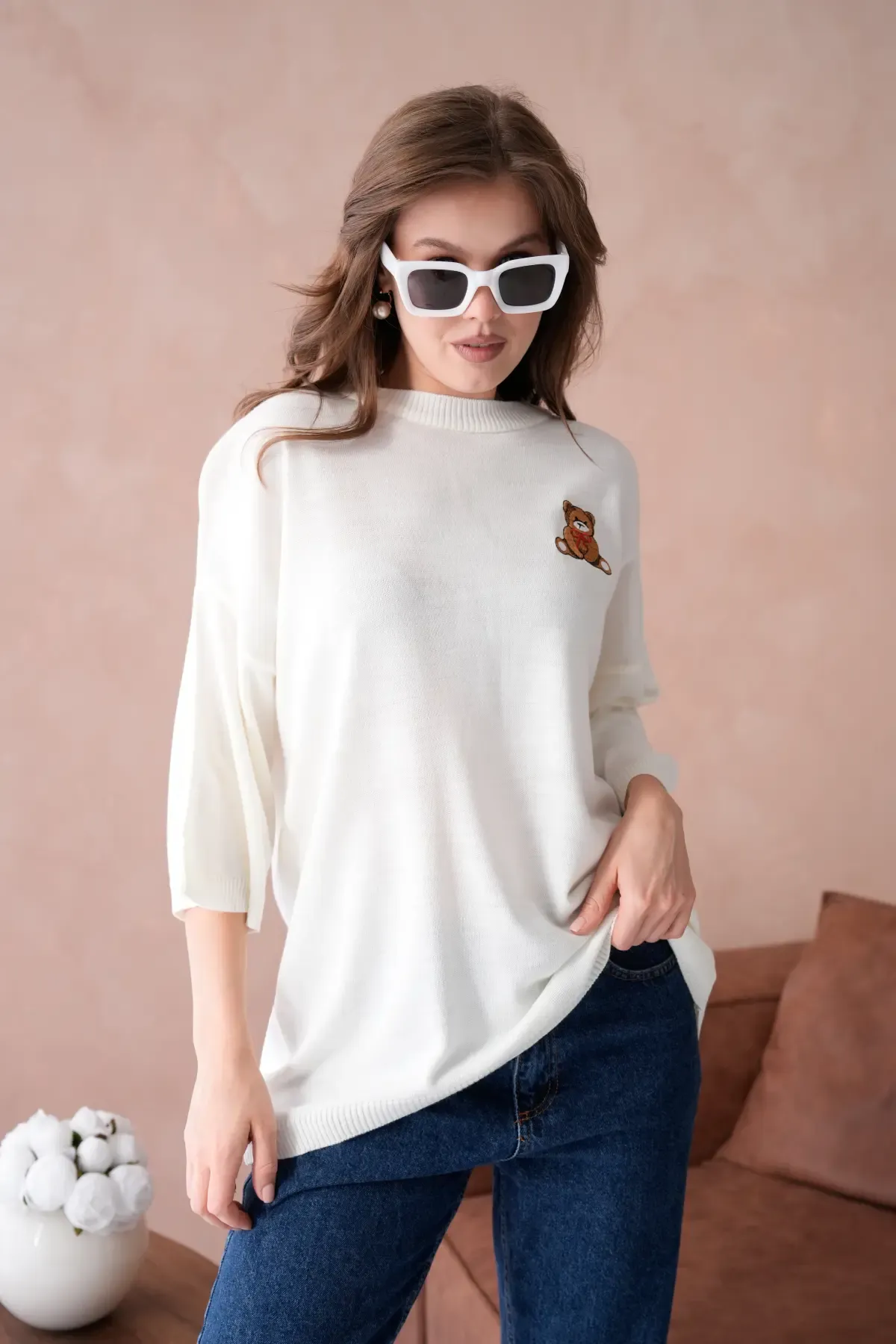 10729 Kadın Bisiklet Yaka Nakış Detay Oversize Trko Kazak