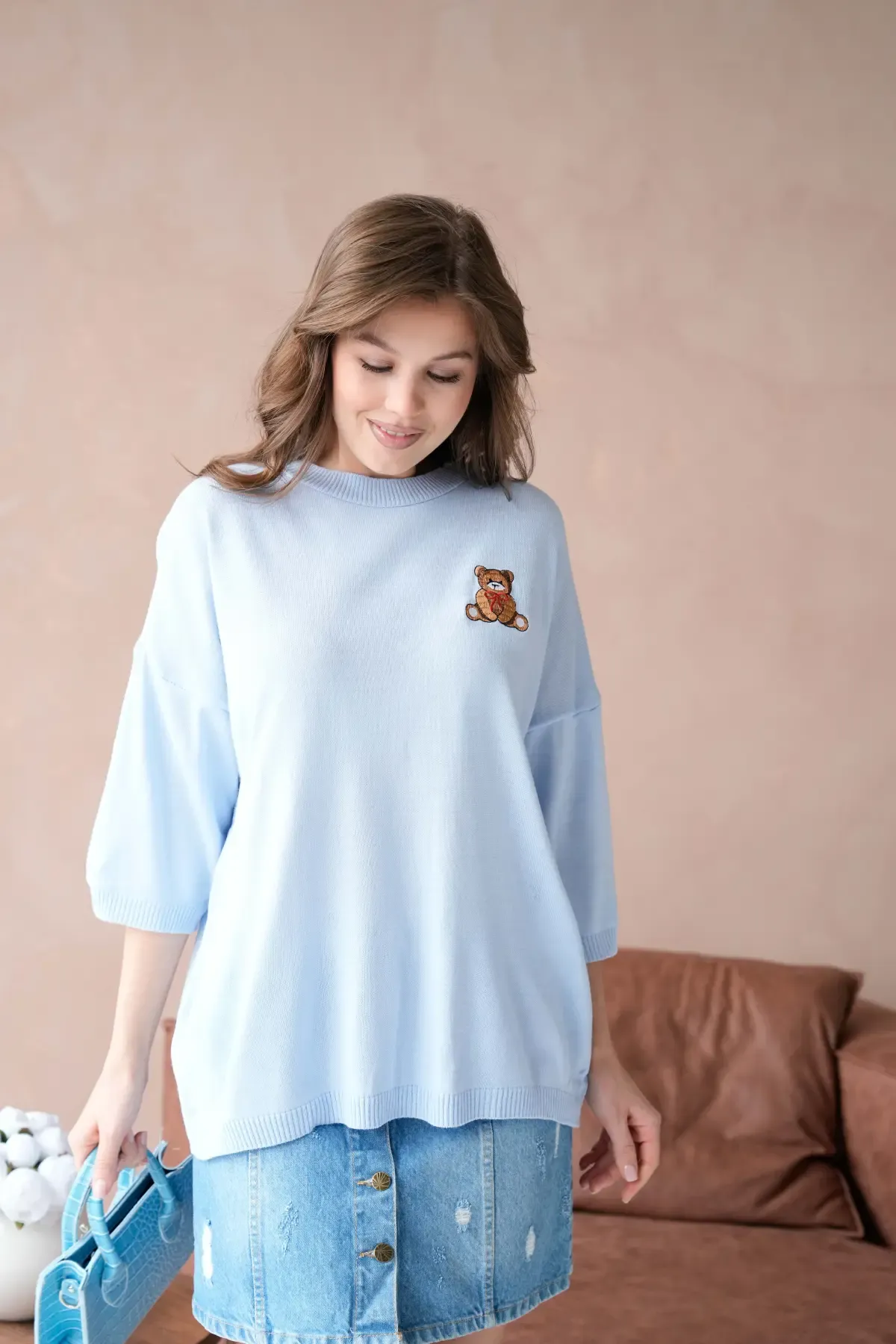 10729 Kadın Bisiklet Yaka Nakış Detay Oversize Trko Kazak