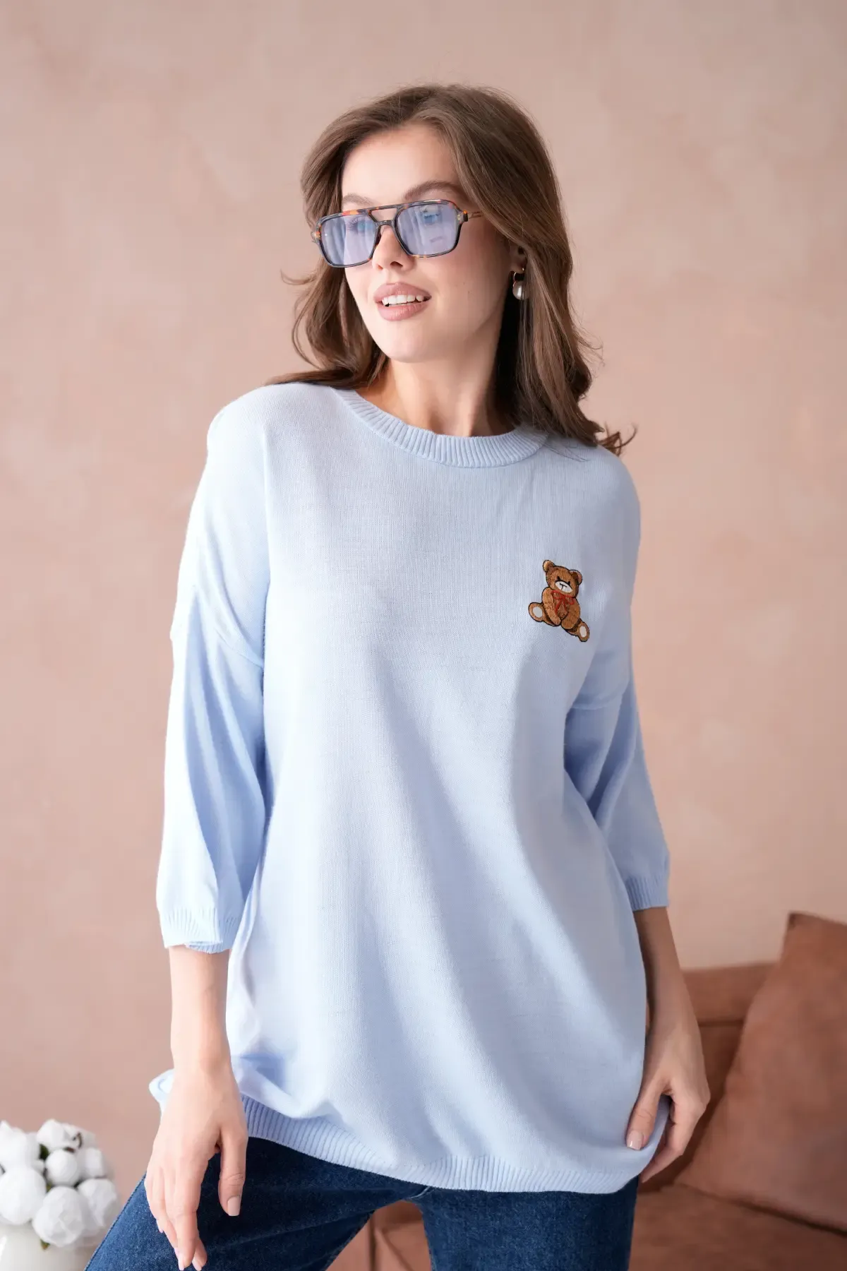 10729 Kadın Bisiklet Yaka Nakış Detay Oversize Trko Kazak