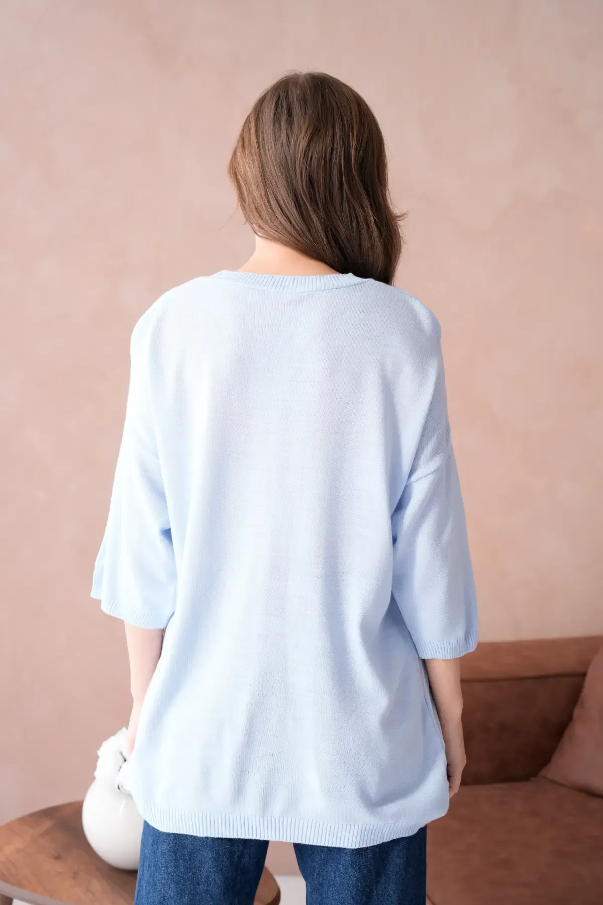 10729 Kadın Bisiklet Yaka Nakış Detay Oversize Trko Kazak