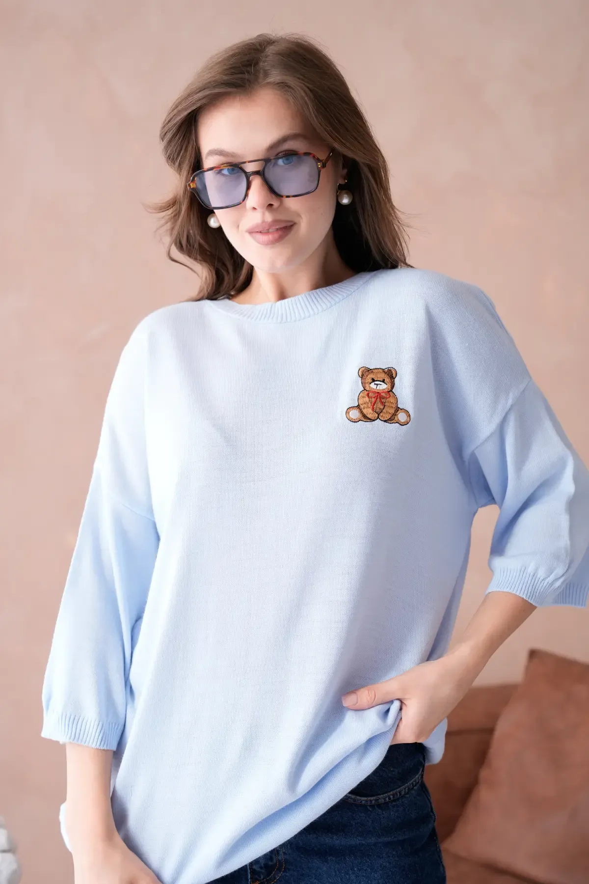 10729 Kadın Bisiklet Yaka Nakış Detay Oversize Trko Kazak