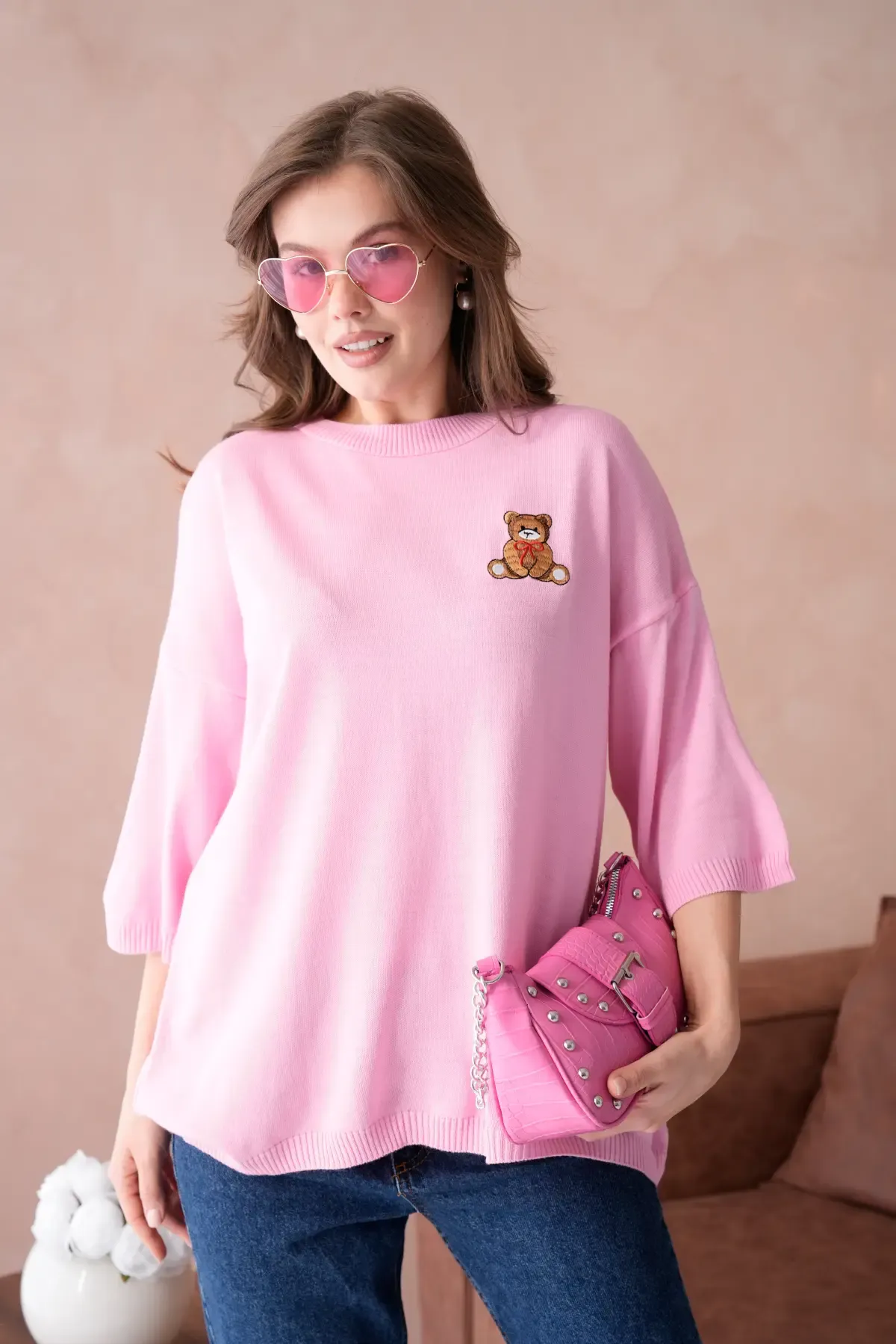 10729 Kadın Bisiklet Yaka Nakış Detay Oversize Trko Kazak