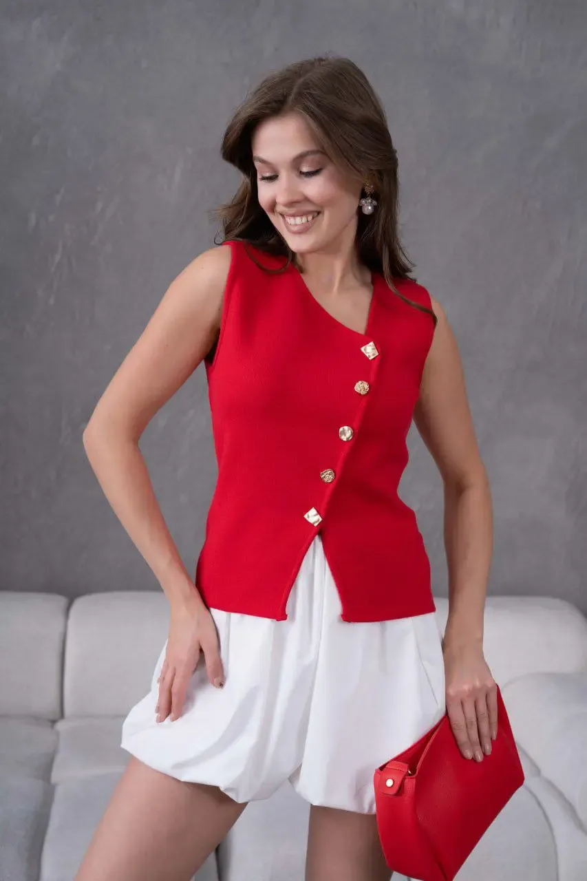 12049 Kadın Asimetrik Yaka Gold Düğme Detay Premium İplik Triko Yelek