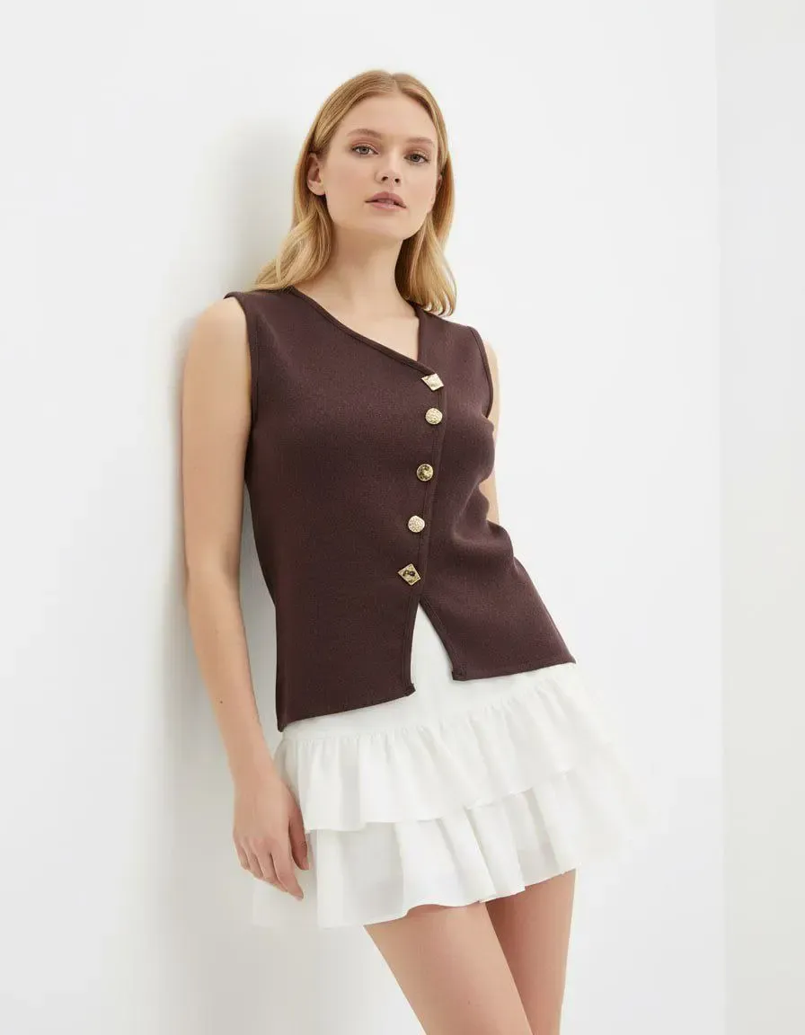 12049 Kadın Asimetrik Yaka Gold Düğme Detay Premium İplik Triko Yelek