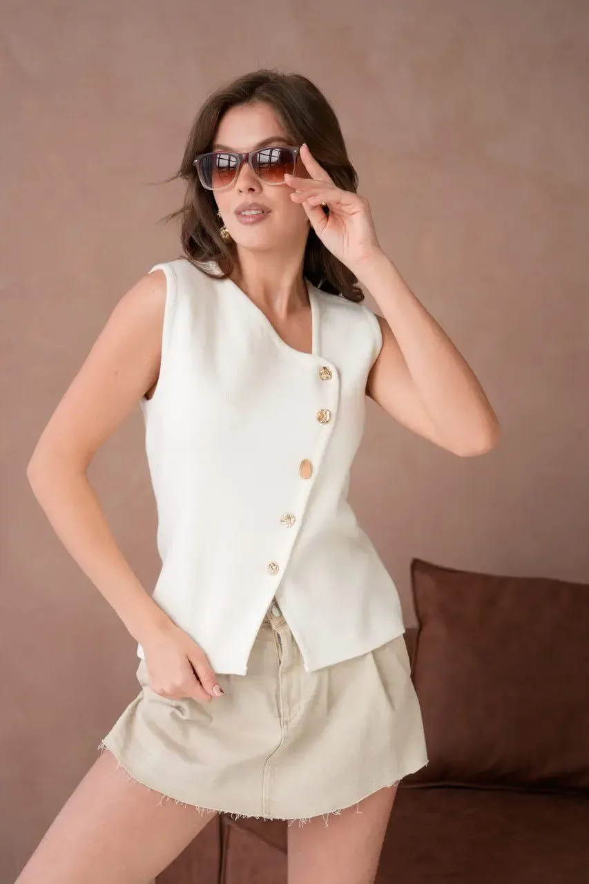 12049 Kadın Asimetrik Yaka Gold Düğme Detay Premium İplik Triko Yelek