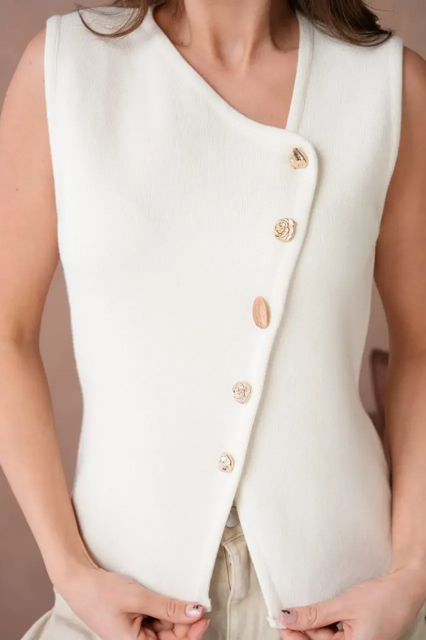 12049 Kadın Asimetrik Yaka Gold Düğme Detay Premium İplik Triko Yelek