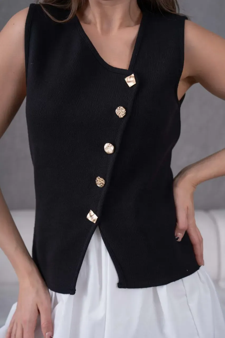 12049 Kadın Asimetrik Yaka Gold Düğme Detay Premium İplik Triko Yelek