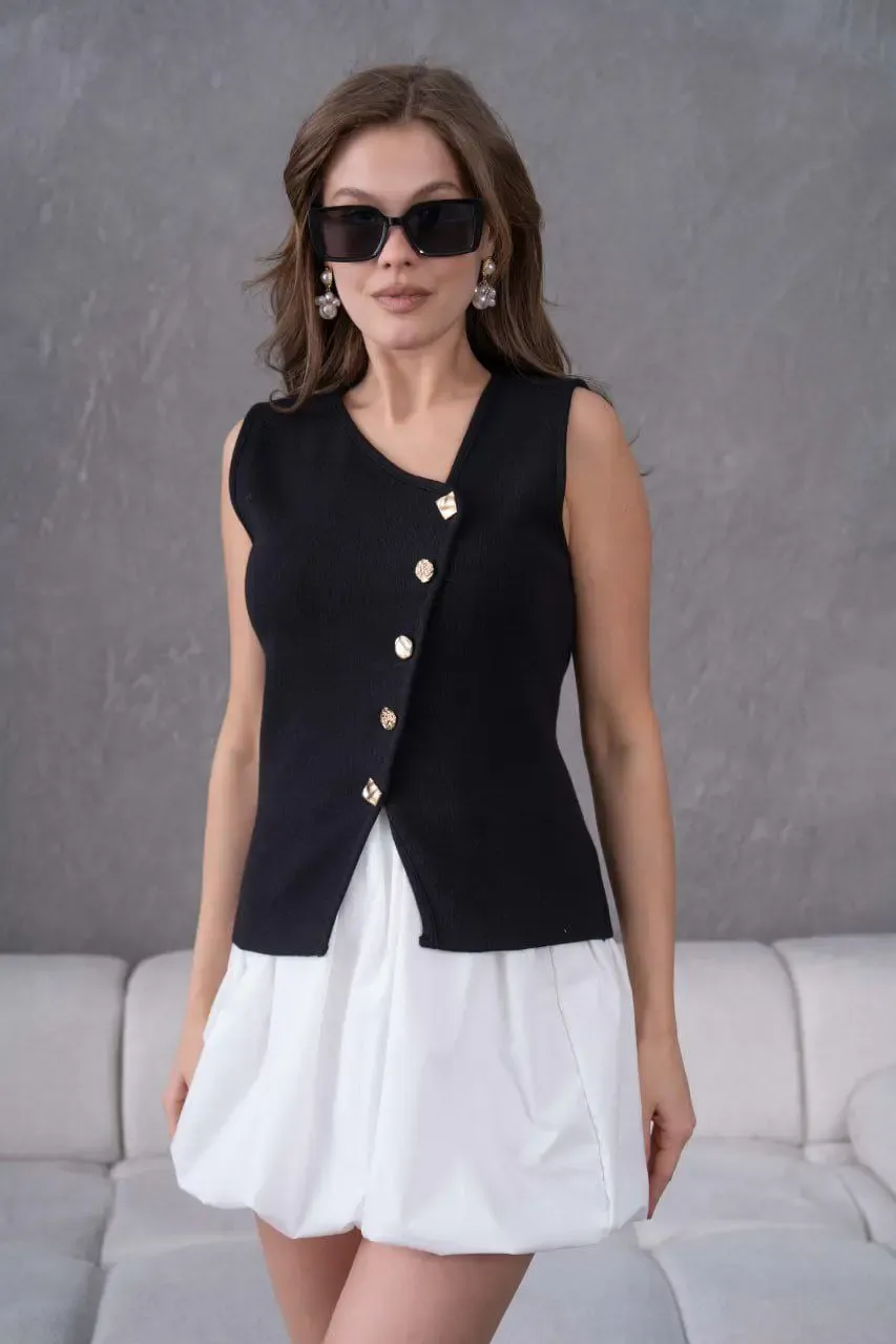 12049 Kadın Asimetrik Yaka Gold Düğme Detay Premium İplik Triko Yelek