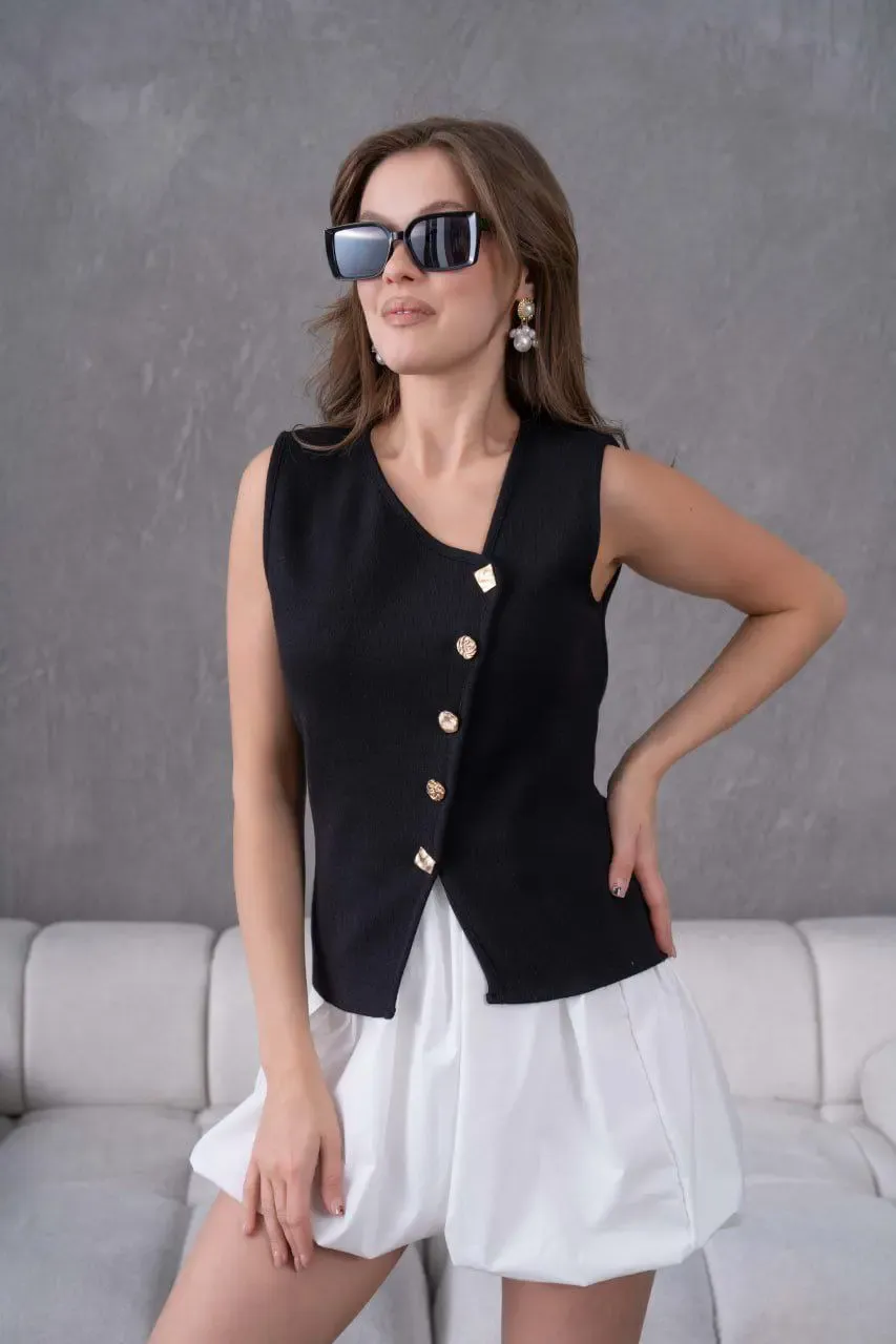 12049 Kadın Asimetrik Yaka Gold Düğme Detay Premium İplik Triko Yelek