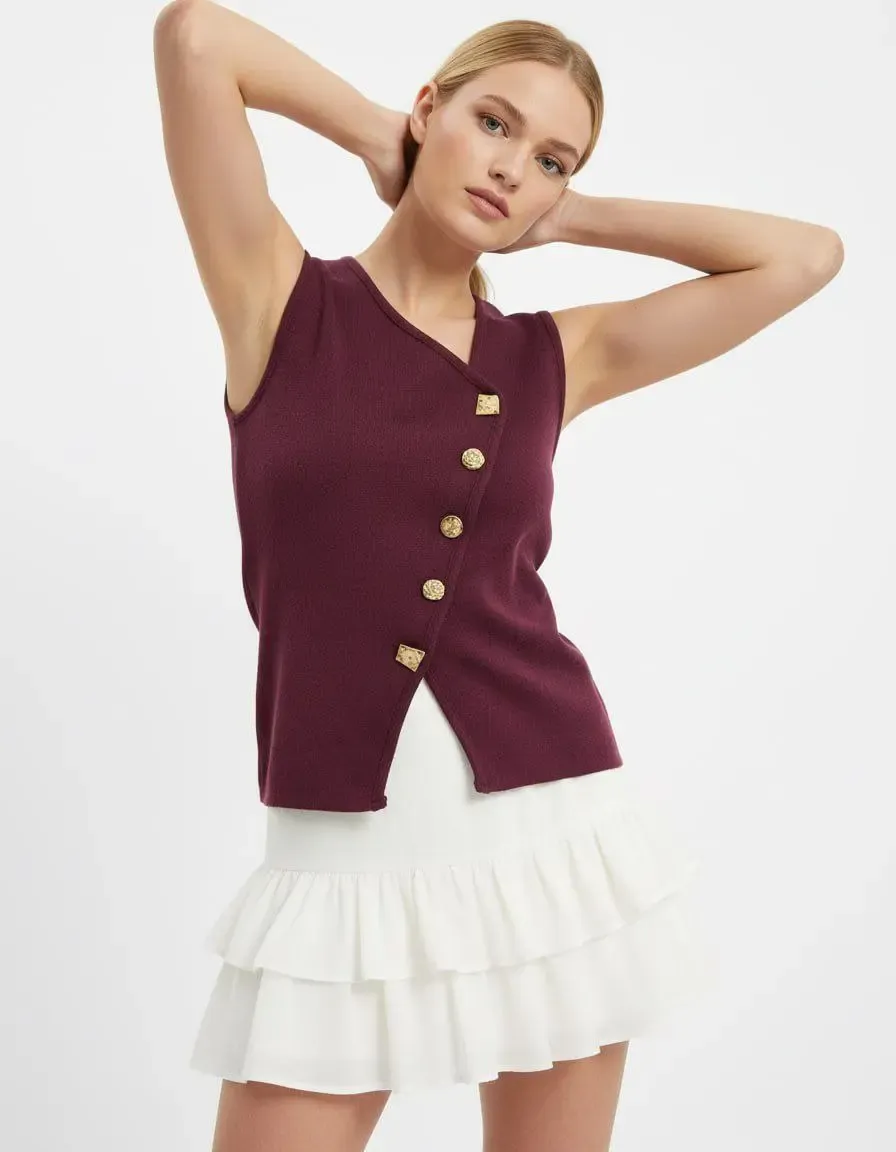 12049 Kadın Asimetrik Yaka Gold Düğme Detay Premium İplik Triko Yelek