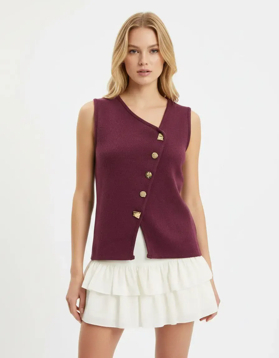 12049 Kadın Asimetrik Yaka Gold Düğme Detay Premium İplik Triko Yelek