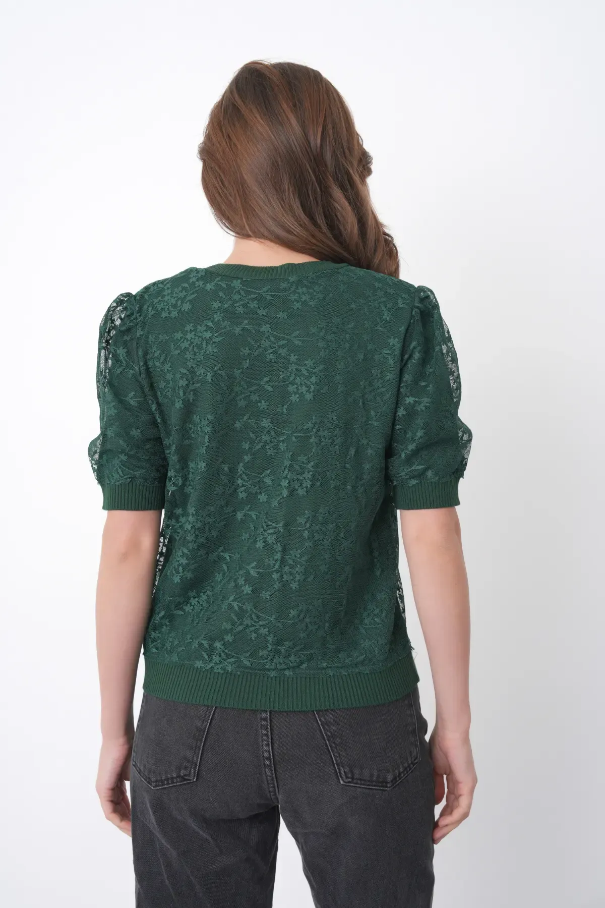 12058 Kadın Bisiklet Yaka çiçek Tül Detaylı Triko Bluz