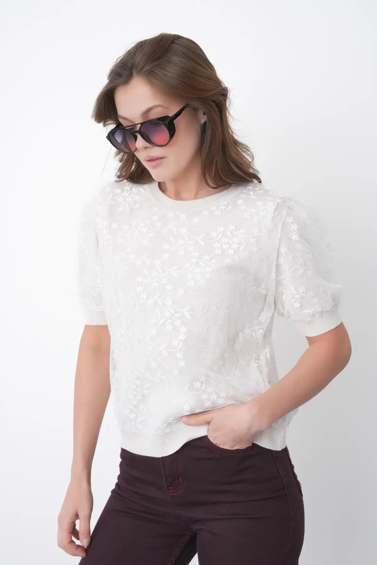 12058 Kadın Bisiklet Yaka çiçek Tül Detaylı Triko Bluz