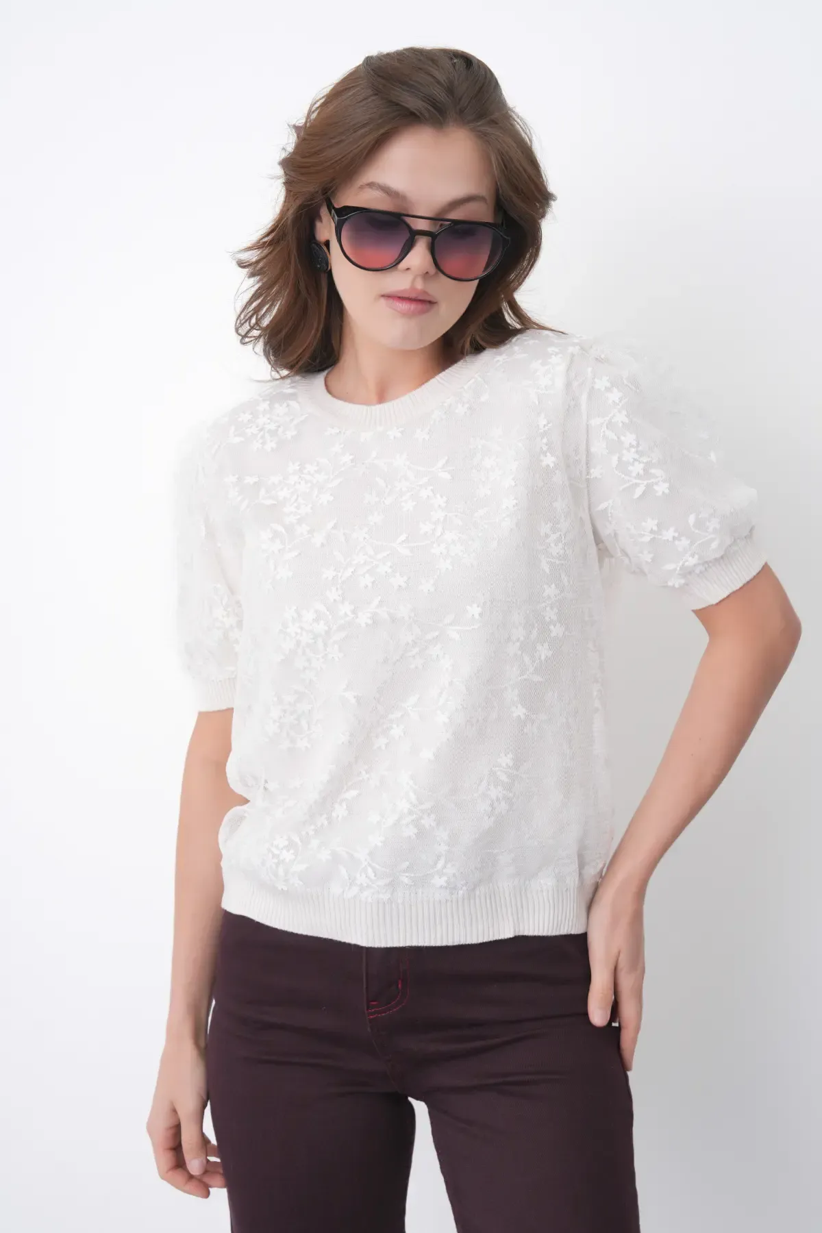 12058 Kadın Bisiklet Yaka çiçek Tül Detaylı Triko Bluz