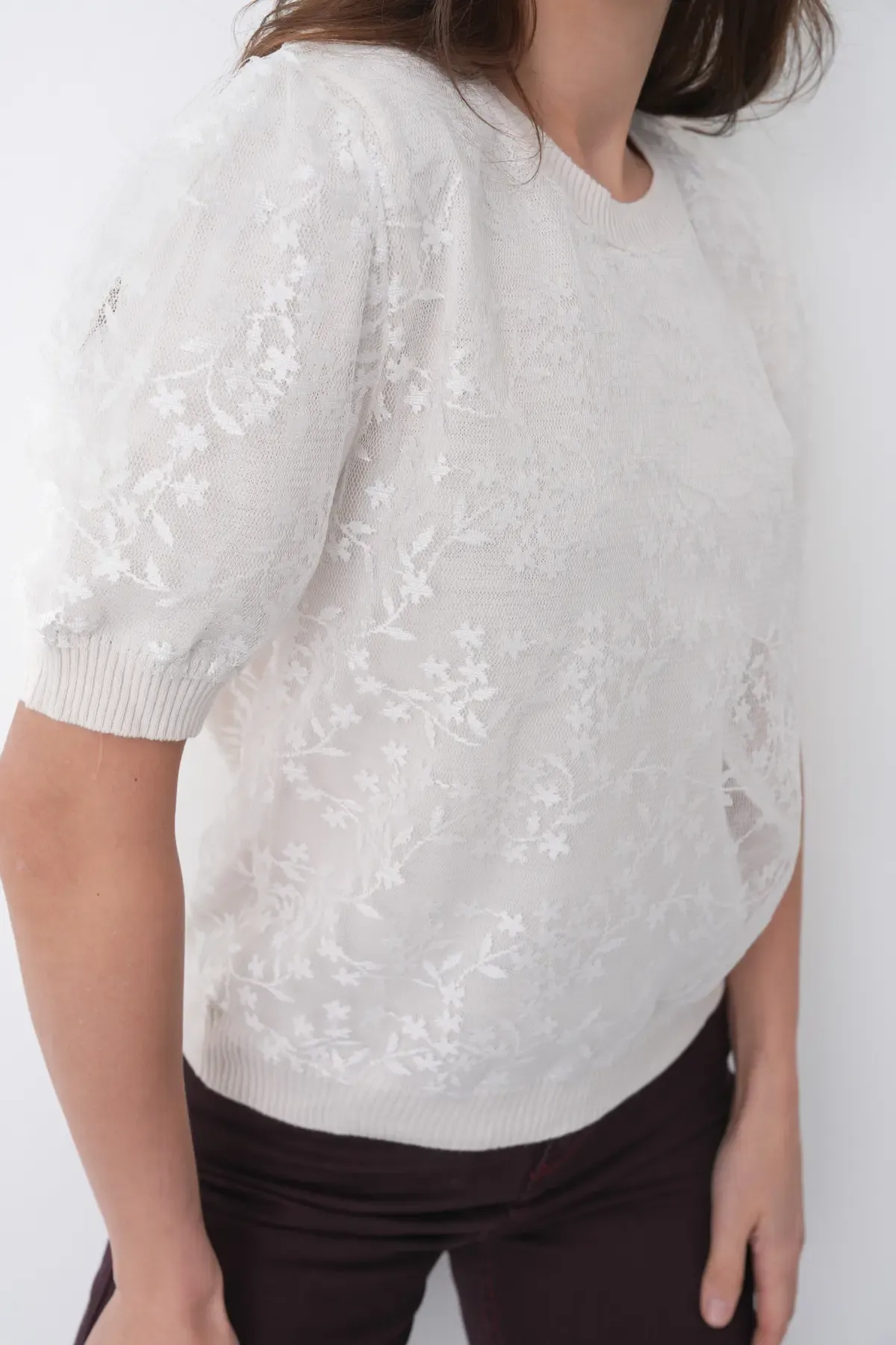 12058 Kadın Bisiklet Yaka çiçek Tül Detaylı Triko Bluz