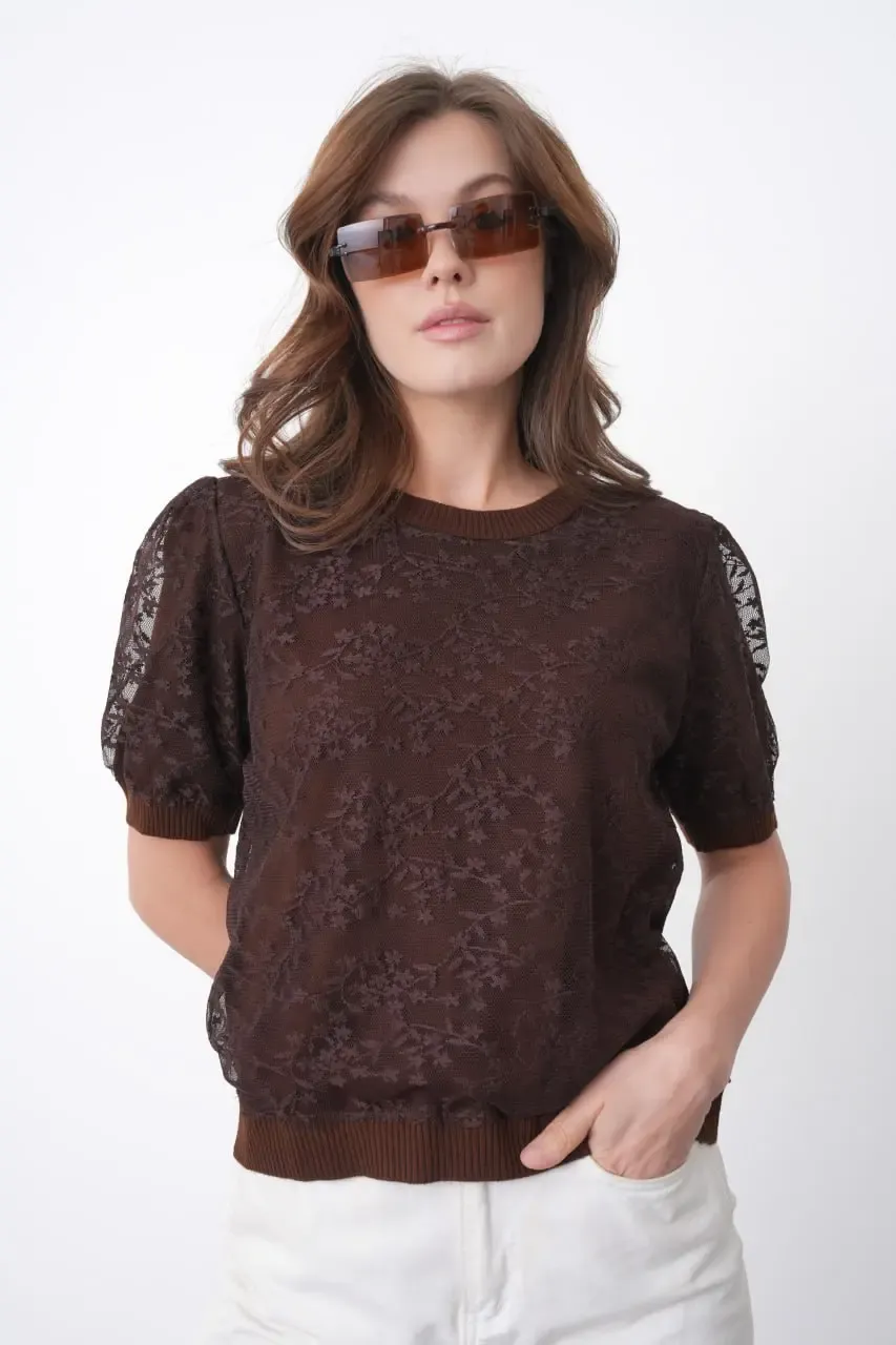 12058 Kadın Bisiklet Yaka çiçek Tül Detaylı Triko Bluz