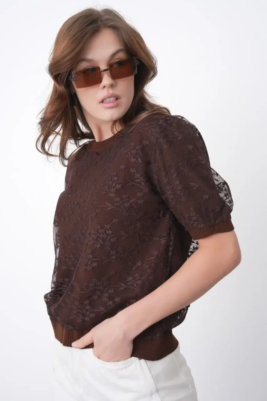 12058 Kadın Bisiklet Yaka çiçek Tül Detaylı Triko Bluz