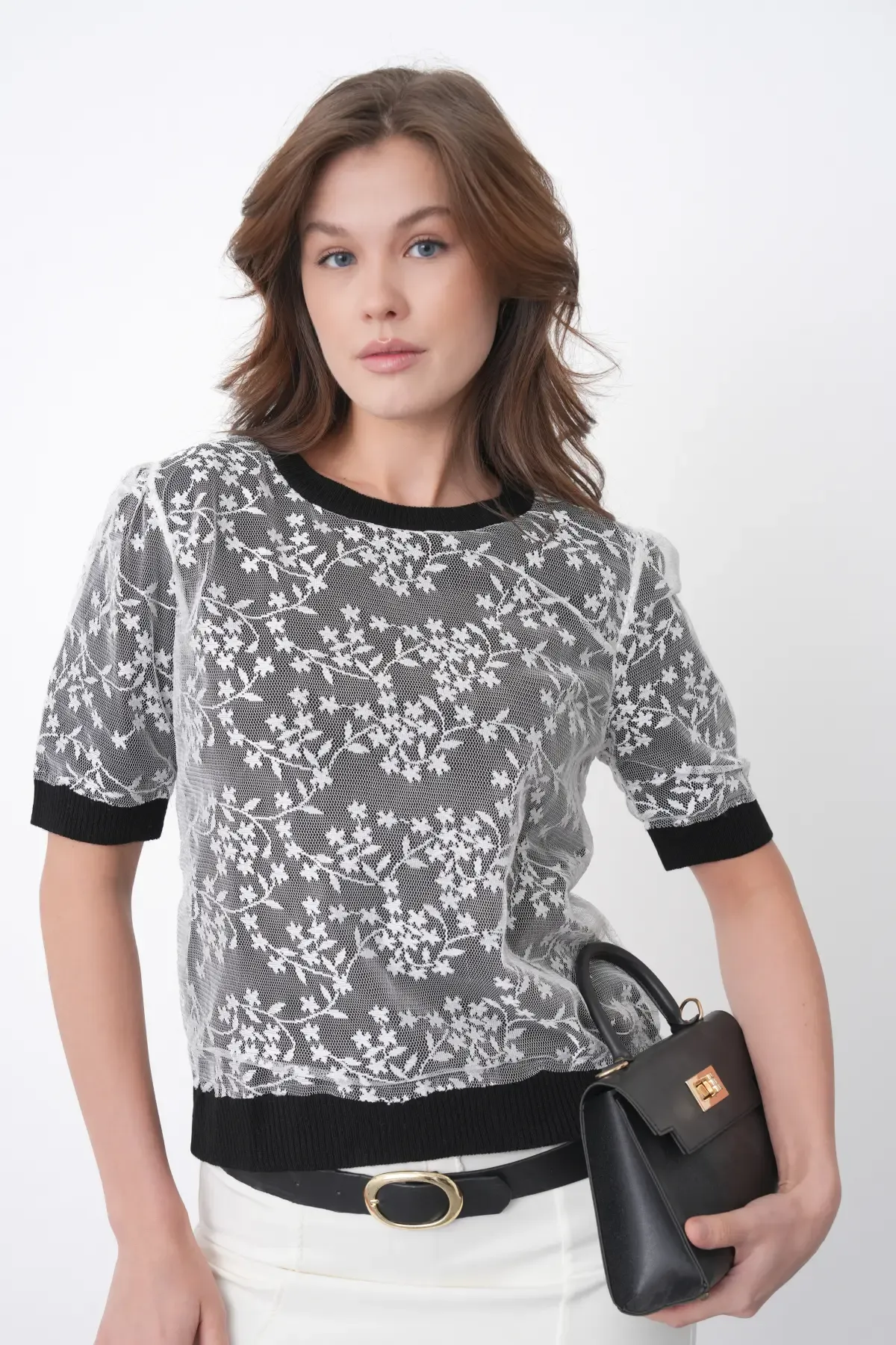 12058 Kadın Bisiklet Yaka çiçek Tül Detaylı Triko Bluz