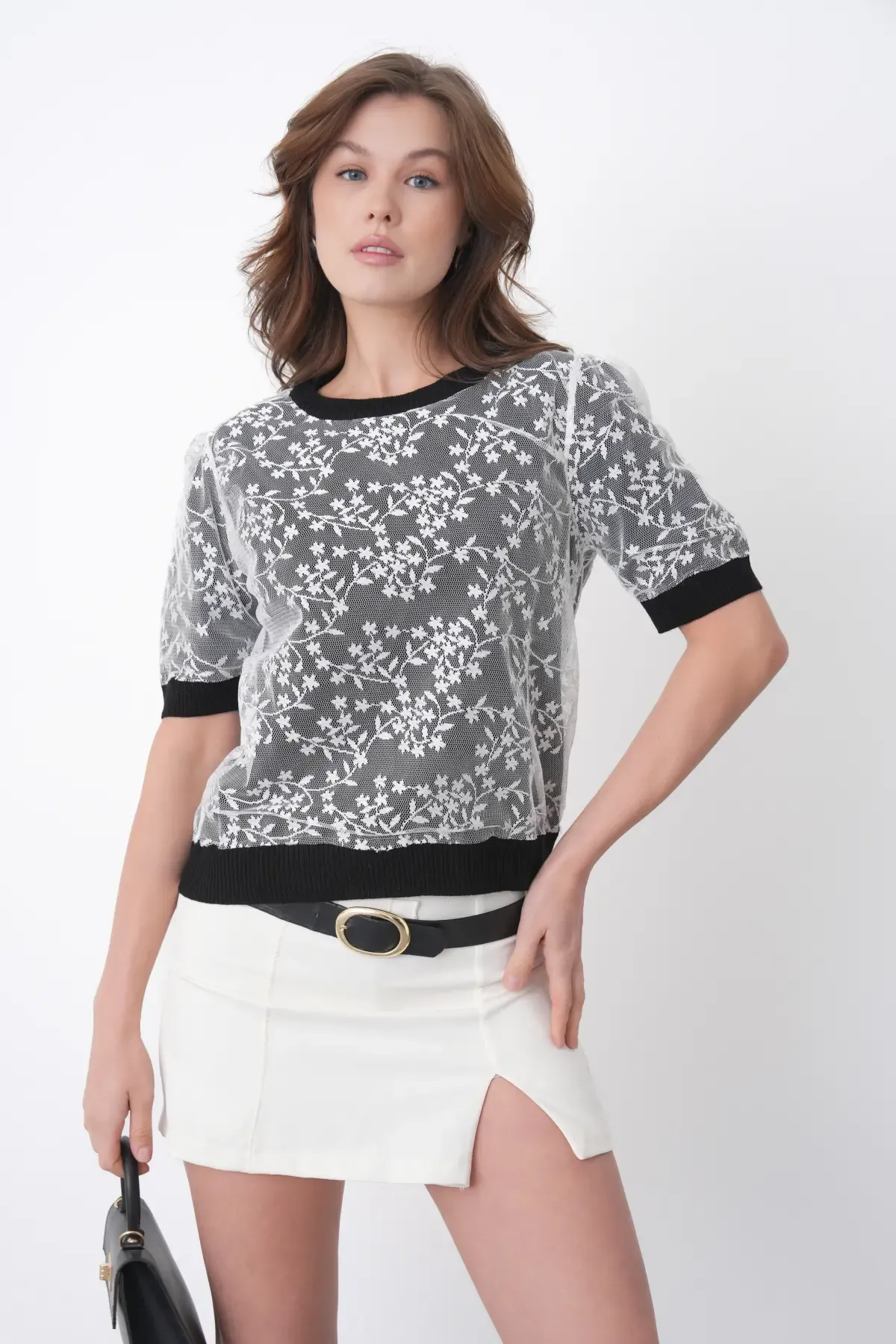 12058 Kadın Bisiklet Yaka çiçek Tül Detaylı Triko Bluz