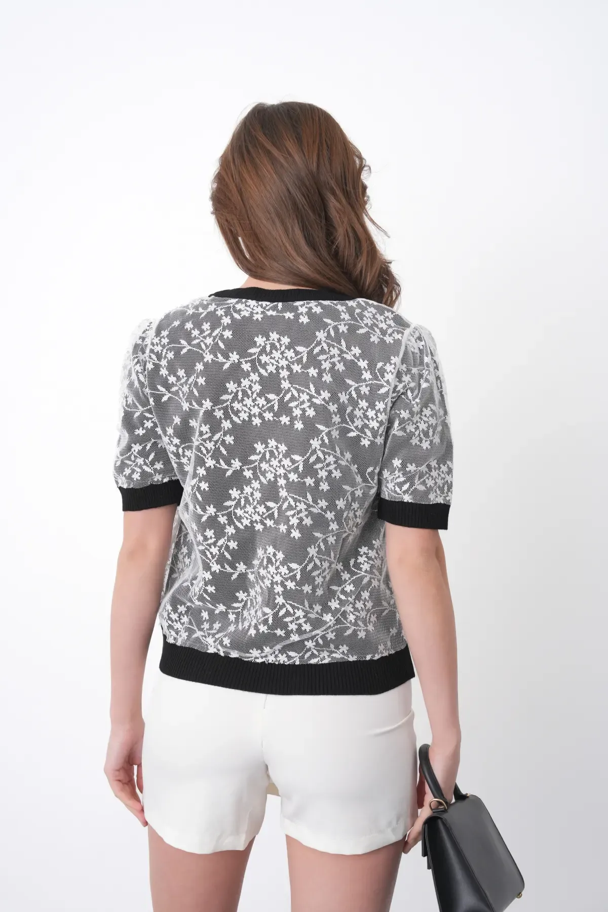 12058 Kadın Bisiklet Yaka çiçek Tül Detaylı Triko Bluz