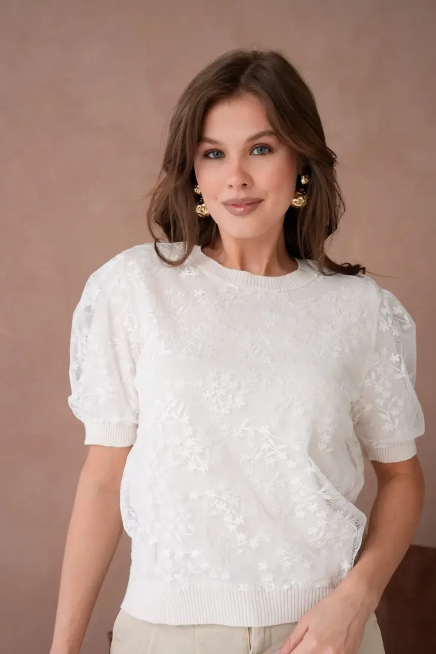 12058 Kadın Bisiklet Yaka çiçek Tül Detaylı Triko Bluz