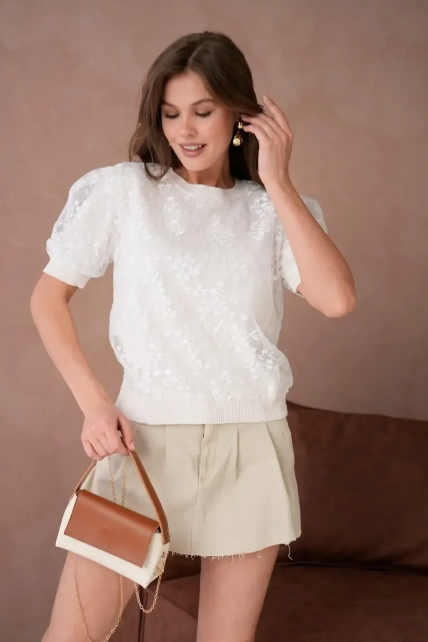 12058 Kadın Bisiklet Yaka çiçek Tül Detaylı Triko Bluz