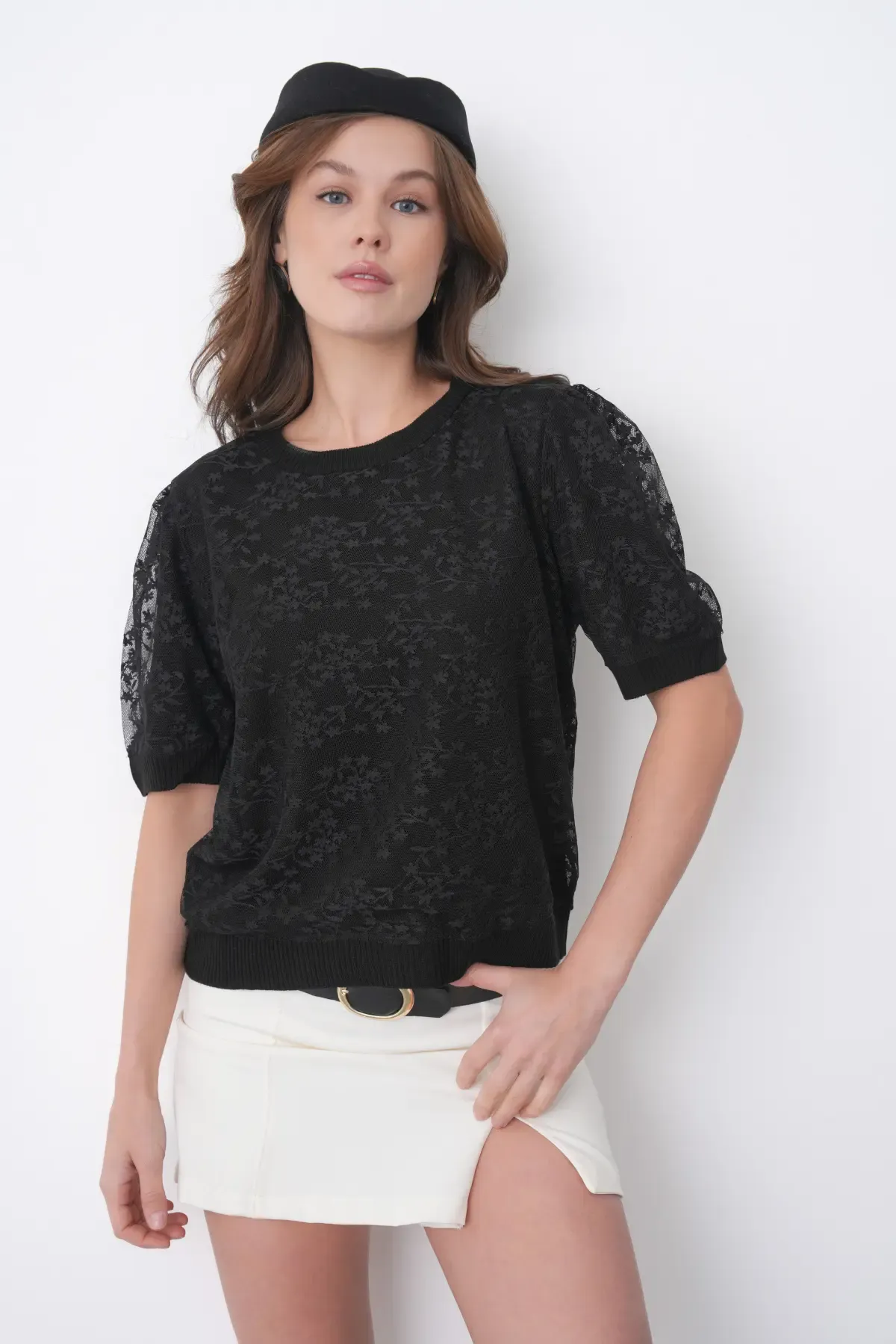 12058 Kadın Bisiklet Yaka çiçek Tül Detaylı Triko Bluz