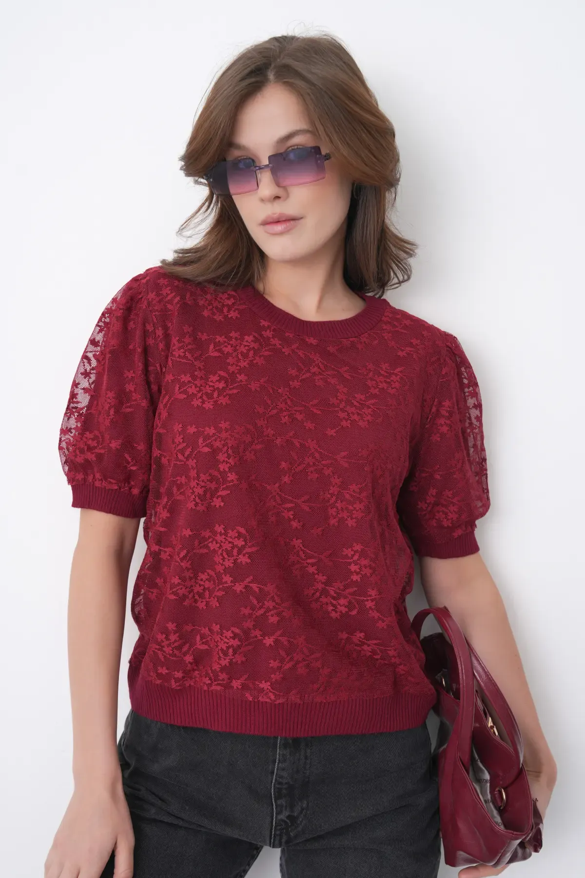 12058 Kadın Bisiklet Yaka çiçek Tül Detaylı Triko Bluz