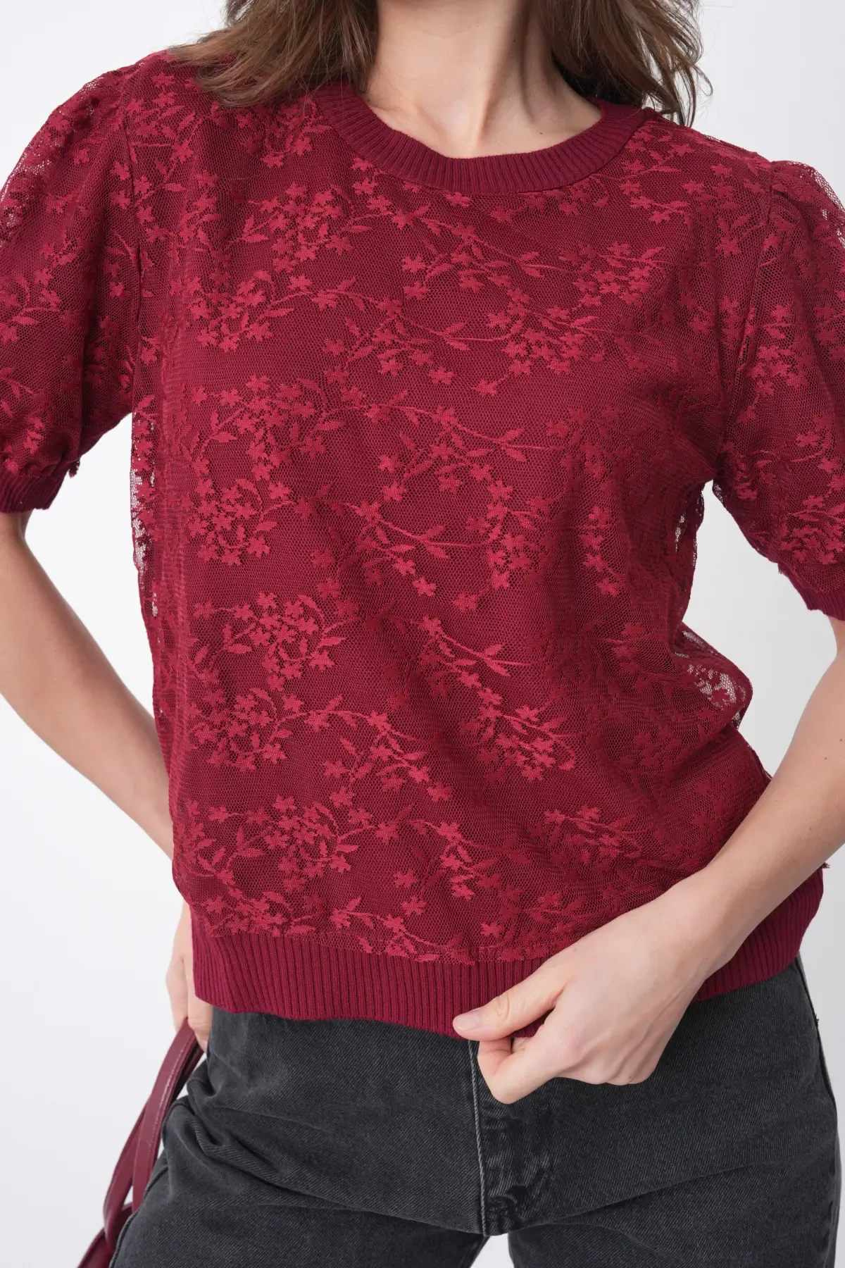 12058 Kadın Bisiklet Yaka çiçek Tül Detaylı Triko Bluz