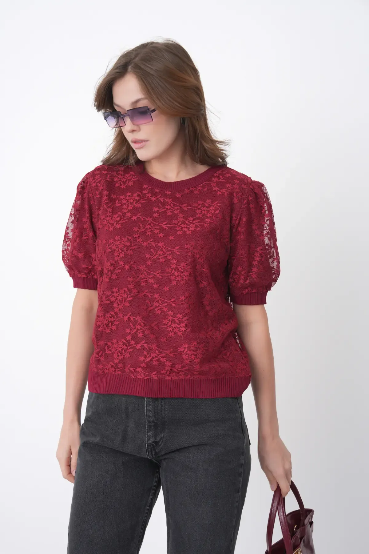 12058 Kadın Bisiklet Yaka çiçek Tül Detaylı Triko Bluz