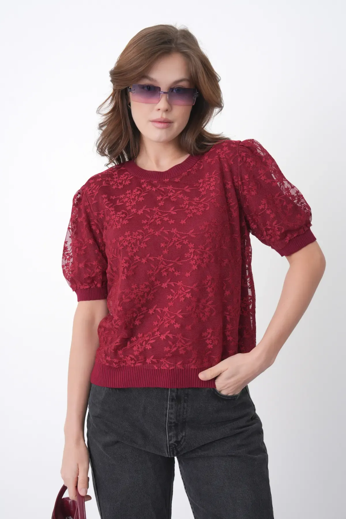 12058 Kadın Bisiklet Yaka çiçek Tül Detaylı Triko Bluz