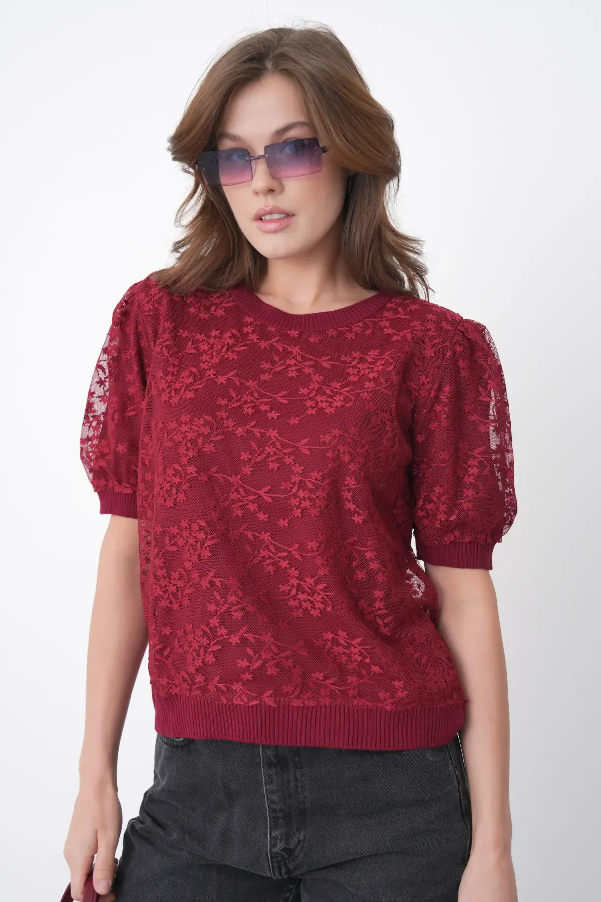 12058 Kadın Bisiklet Yaka çiçek Tül Detaylı Triko Bluz