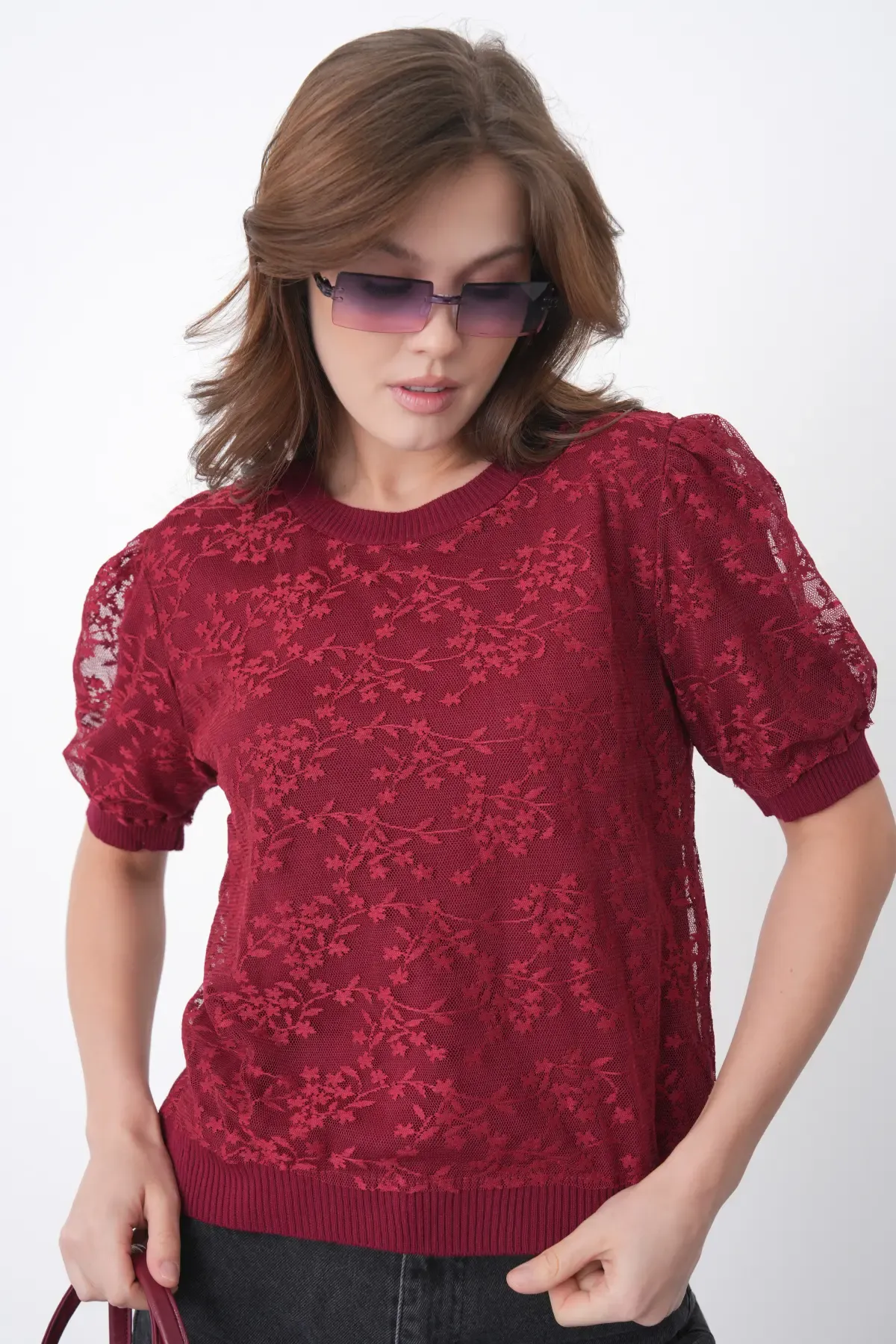 12058 Kadın Bisiklet Yaka çiçek Tül Detaylı Triko Bluz