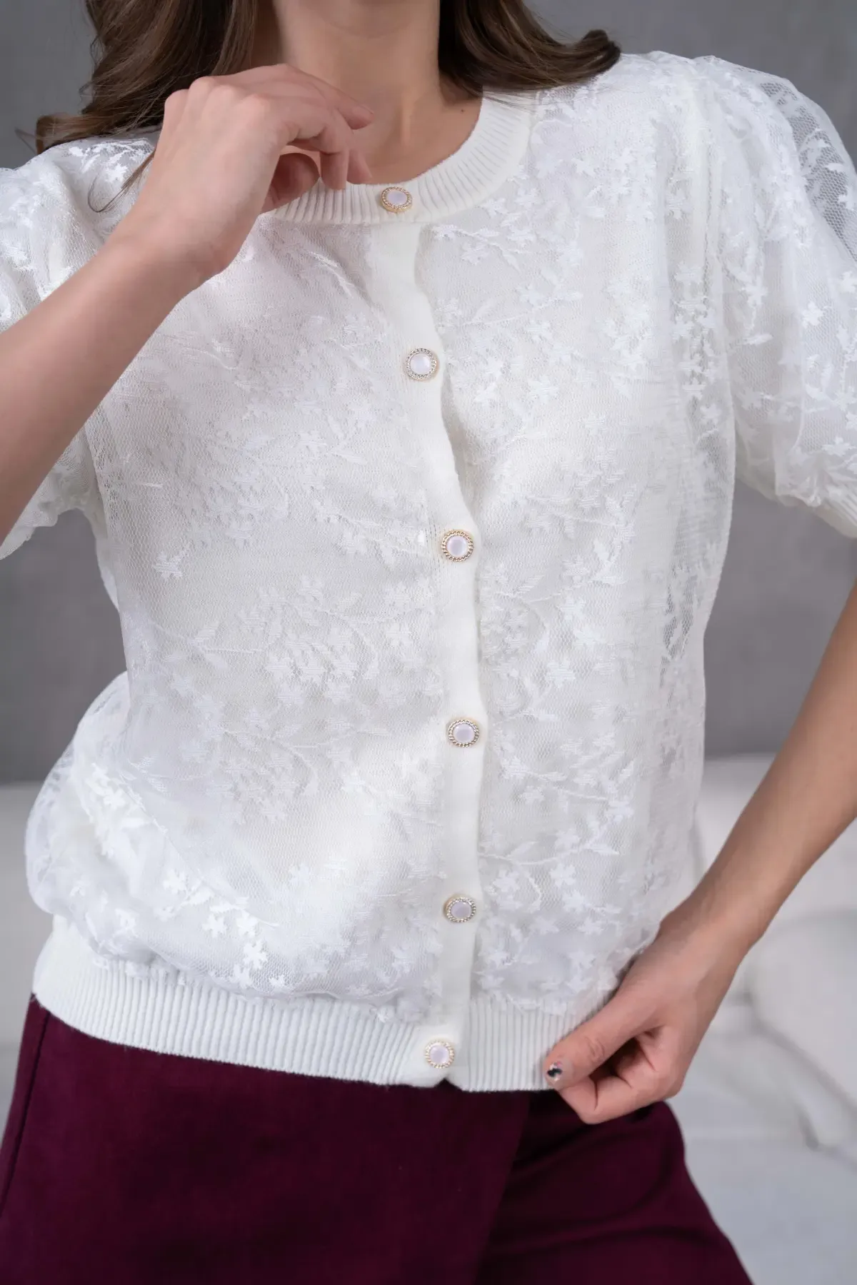 12081 Kadın Bisiklet Yaka Düğmeli Çiçek Tül Detaylı Triko Hırka